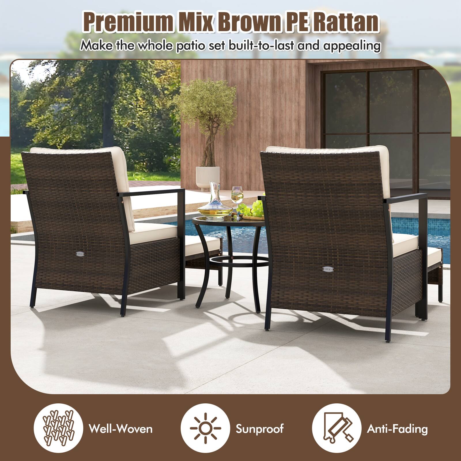 Premium Mix Brown PE Rattan: Make the whole patio set built-to-last and appealing. Well-Woven, Sunproof, Anti-Fading.