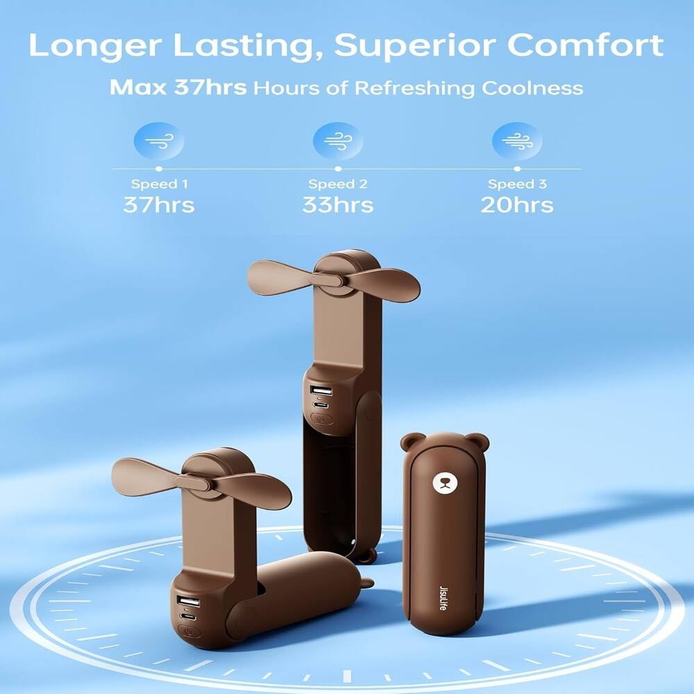 Longer Lasting, Superior Comfort  
Max 37hrs Hours of Refreshing Coolness  
Speed 1: 37hrs  
Speed 2: 33hrs  
Speed 3: 20hrs  

E JisuLife