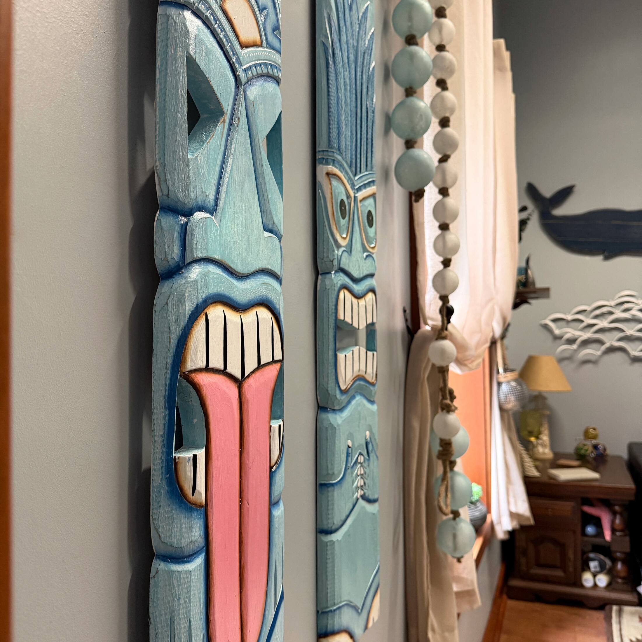 Alt View 5. Chesapeake Bay - Set of 2 Aqua Tiki Wall Plaques Hand Carved Wood 39 Inch Tall Coastal Decor - Aqua.