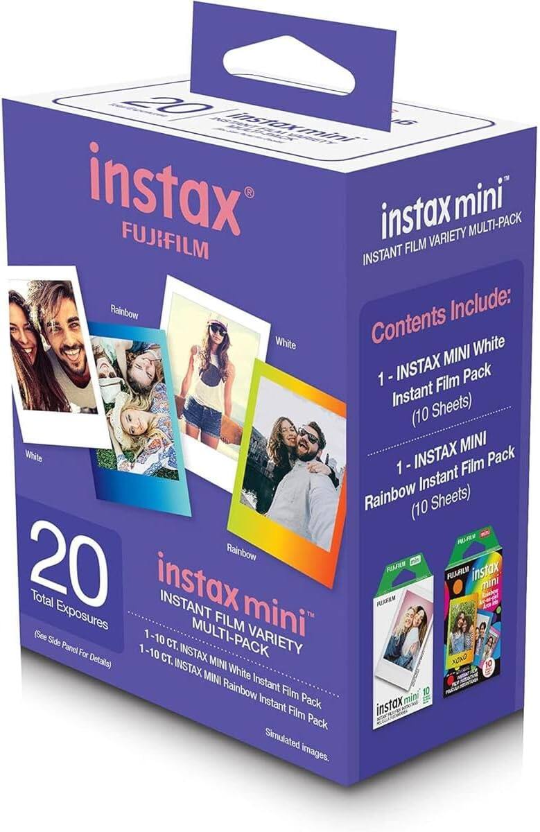 instax FUJIFILM instax mini VARIETY MULTI-PACK INSTANT FILM Rainbow

Contents:
- 1 INSTAX MINI White Instant Film Pack (10 Sheets)
- 1 INSTAX MINI Rainbow Instant Film Pack (10 Sheets)

Total: 20 Exposures

1-10 CT. INSTAX MINI White Instant Film Pack
1-10 CT. INSTAX MINI Rainbow Instant Film Pack

(See Side Panel For Details)

INSTAX MINI 10 Instant Film Pack

Simulated images.