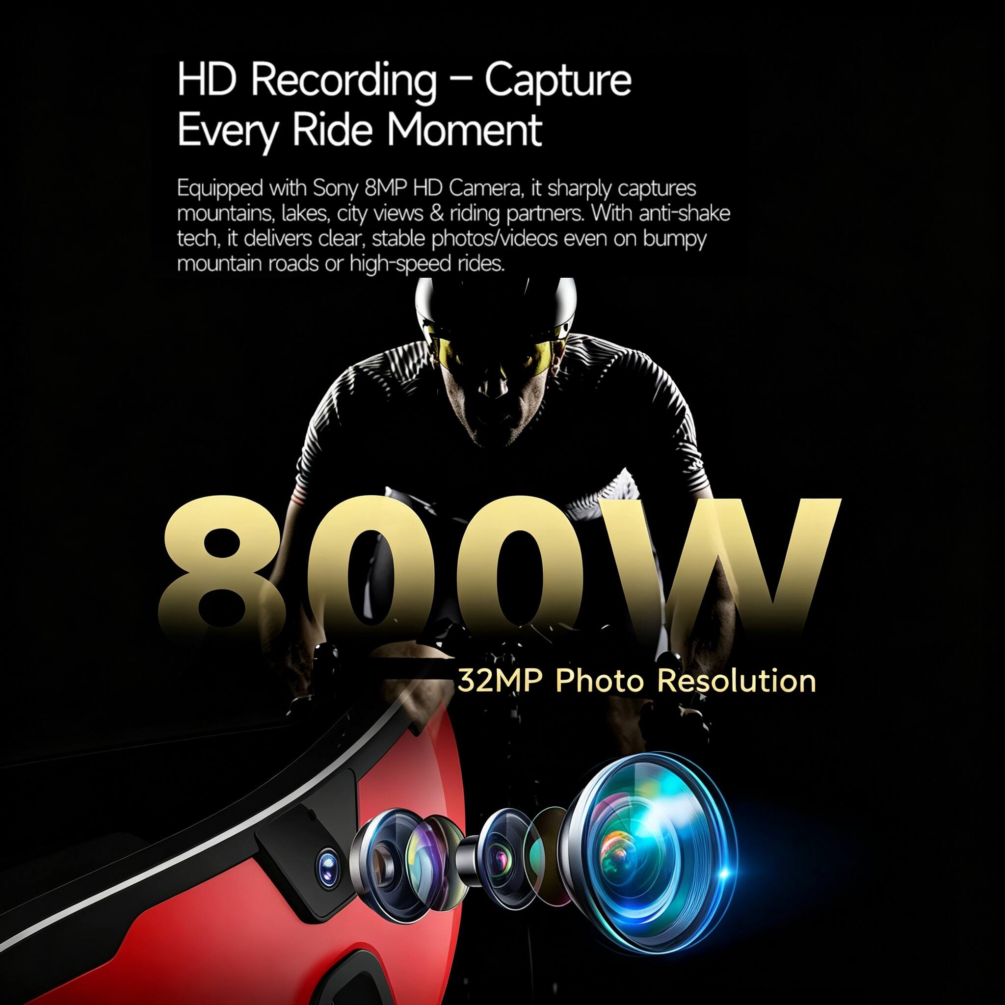 HD Recording - Capture Every Ride Moment

Equipped with Sony 8MP HD Camera, it sharply captures mountains, lakes, city views & riding partners. With anti-shake tech, it delivers clear, stable photos/videos even on bumpy mountain roads or high-speed rides.

800W 32MP Photo Resolution