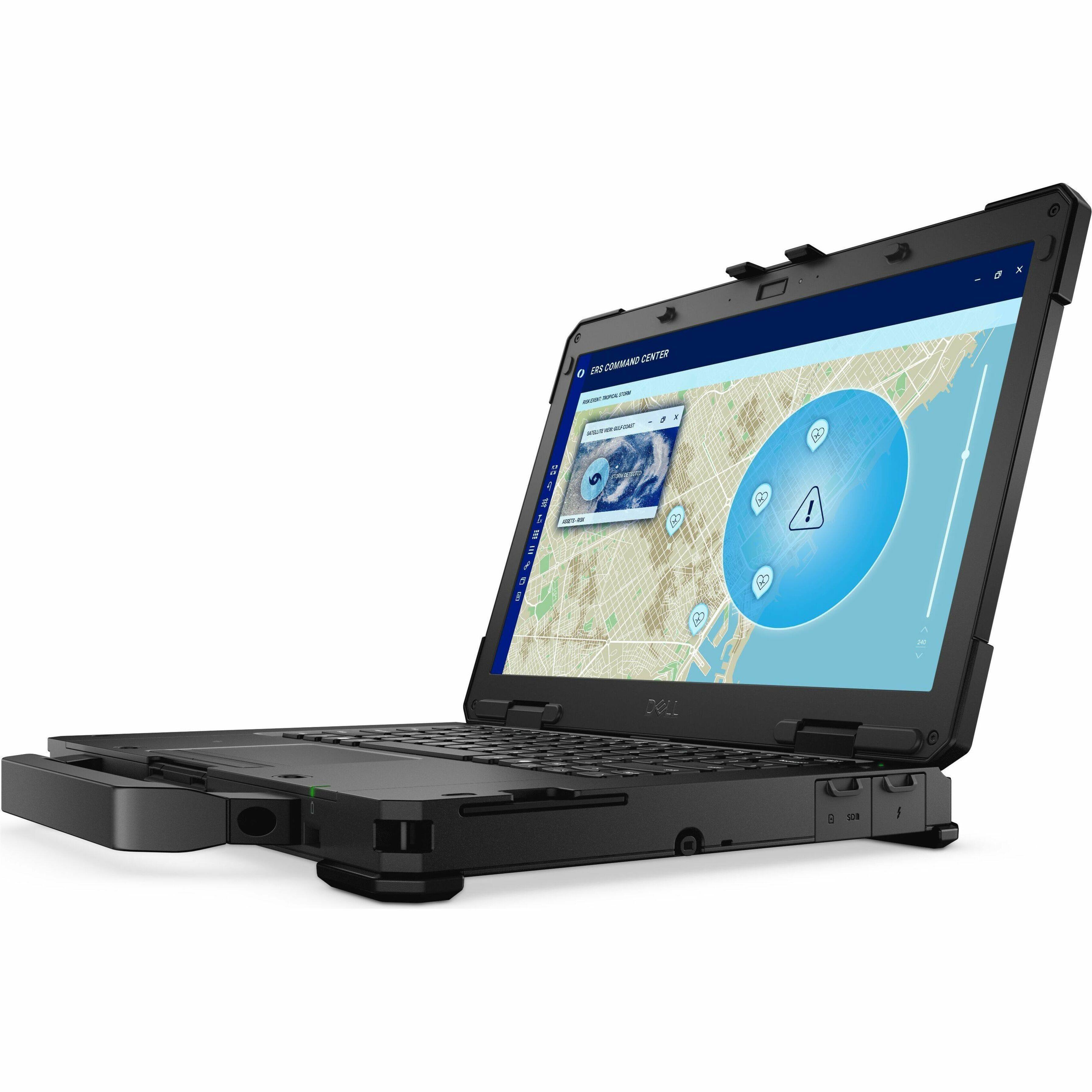 "Dell laptop computer with a map and a warning on the screen."