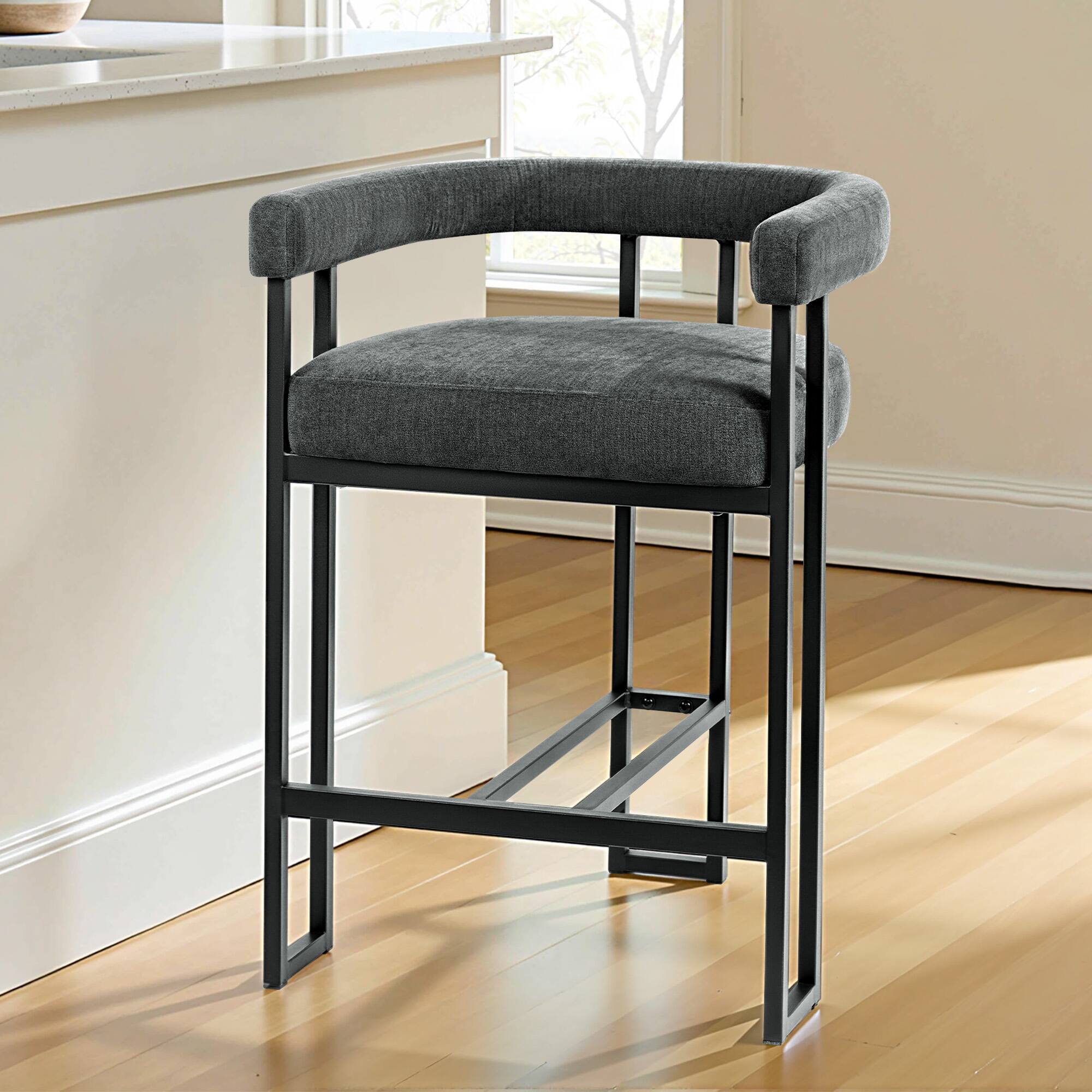 Alt View 2. KERDOM - 1pc Upholstered 26‘’ High Kitchen Chair Velvet Bar Stool, Padded Kitchen Island Stool with Arm for 30-40'' Countertop - Carbon Black.