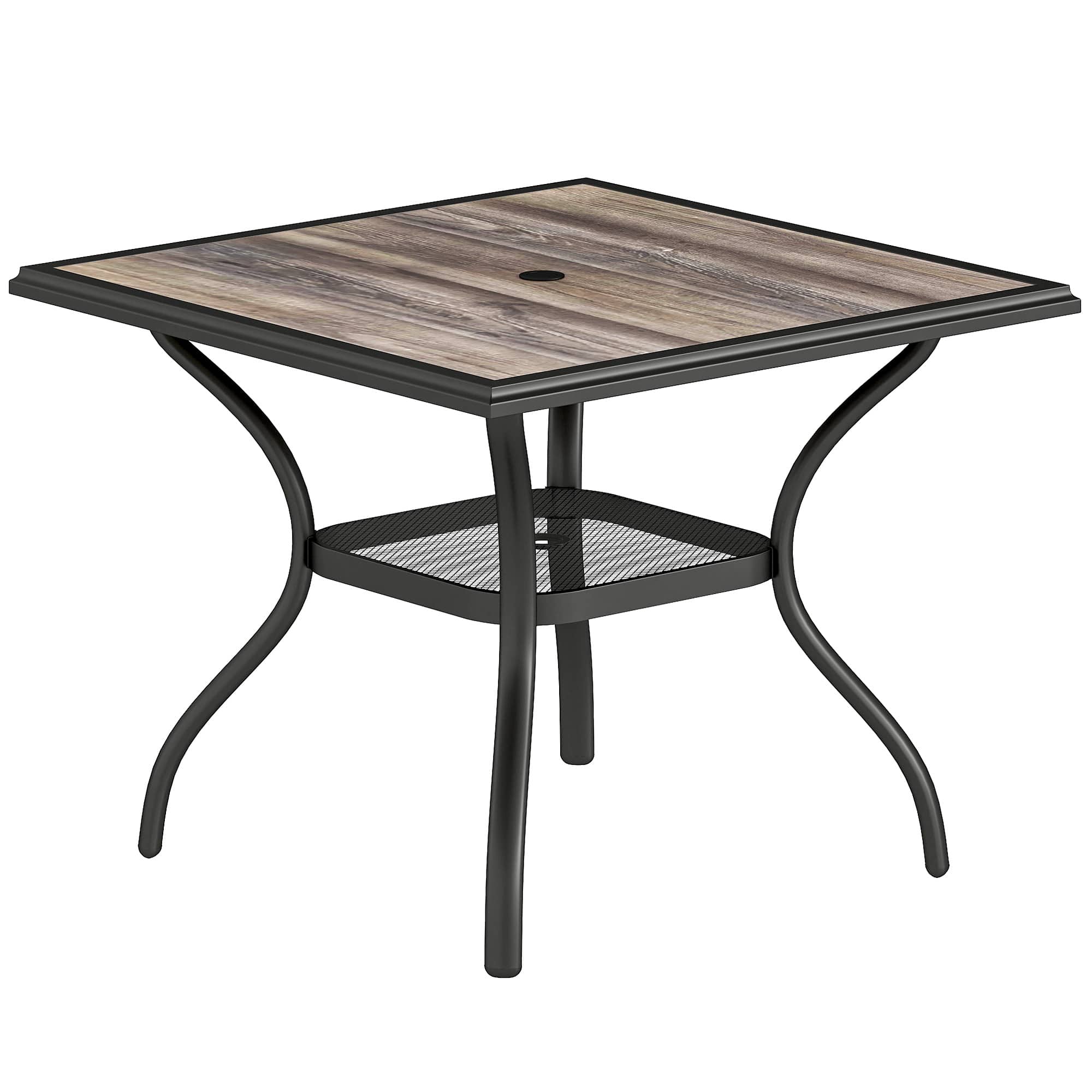 Outsunny - Square Outdoor Dining Table for 4, Patio Table with Umbrella Hole, Shelf, Faux Wood Top for Garden - Gray