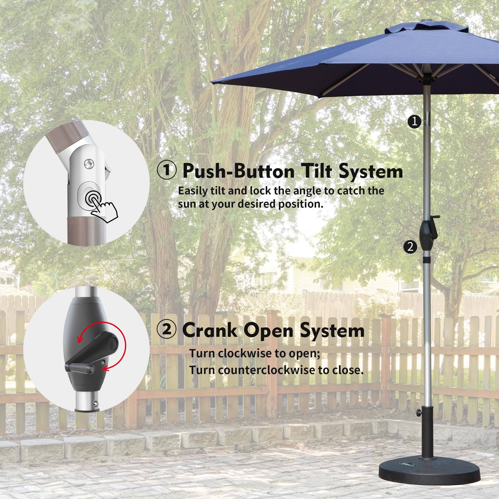 1. Push-Button Tilt System  
   Easily tilt and lock the angle to catch the sun at your desired position.

2. Crank Open System  
   Turn clockwise to open; Turn counterclockwise to close.