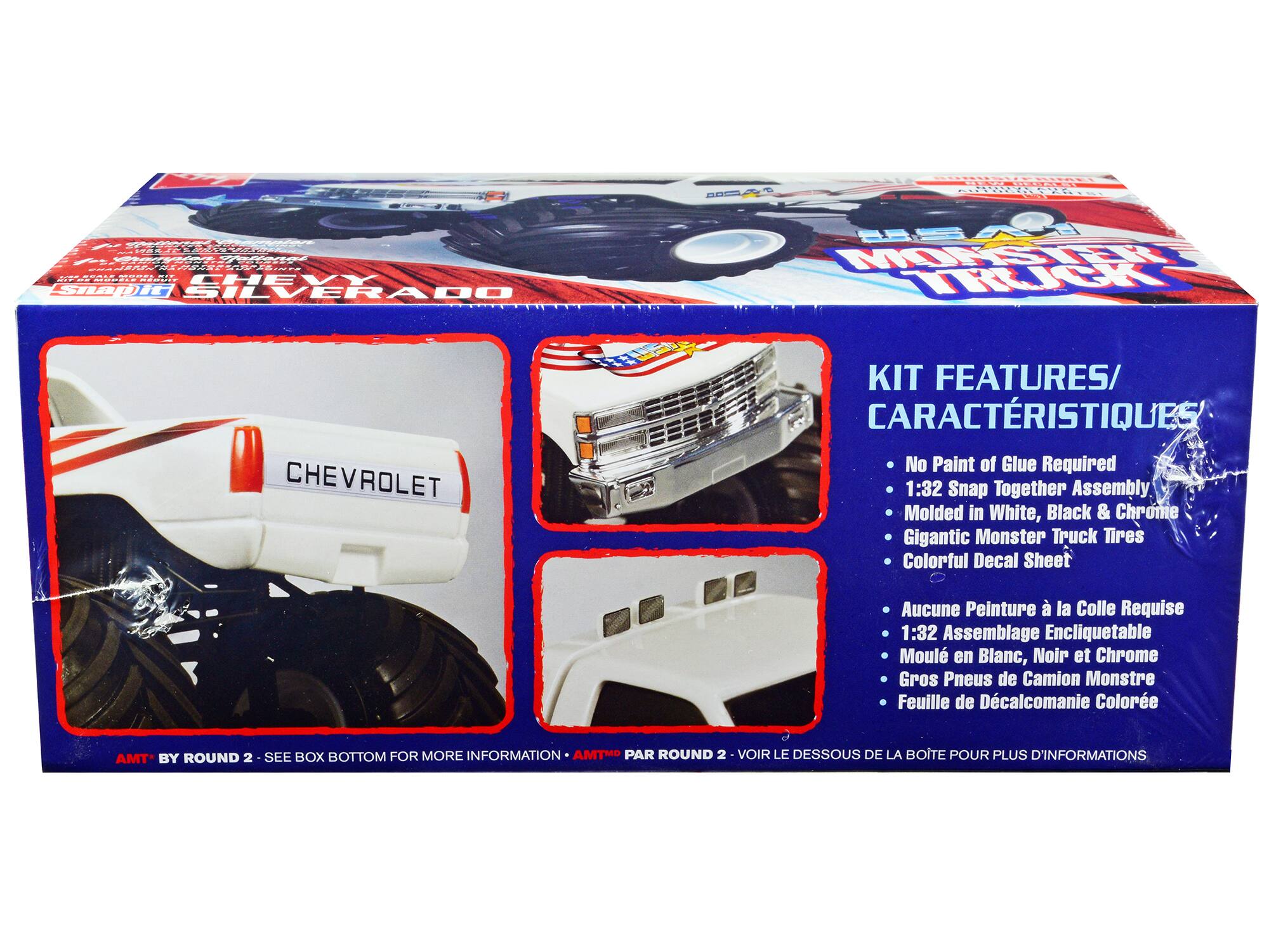ERIRE S.. CRM A2 et : d PBASC | EEC... dMNIT CHEVY Snap! SILVERADO MURSIE KUG CHEVROLET KIT FEATURES/ CARACTÉRISTIQUES No Paint of Glue Required 1:32 Snap Together Assembly Molded in White, Black & Chrome Gigantic Monster Truck Tires Colorful Decal Sheet Aucune Peinture à la Colle Requise 1:32 Assemblage Encliquetable Moulé en Blanc, Noir et Chrome Gros Pneus de Camion Monstre Feuille de Décalcomanie Colorée AMT BY ROUND 2 SEE BOX BOTTOM FOR MORE INFORMATION AMT PAR ROUND 2 - VOIR LE DESSOUS DE LA BOITE POUR PLUS D'INFORMATIONS