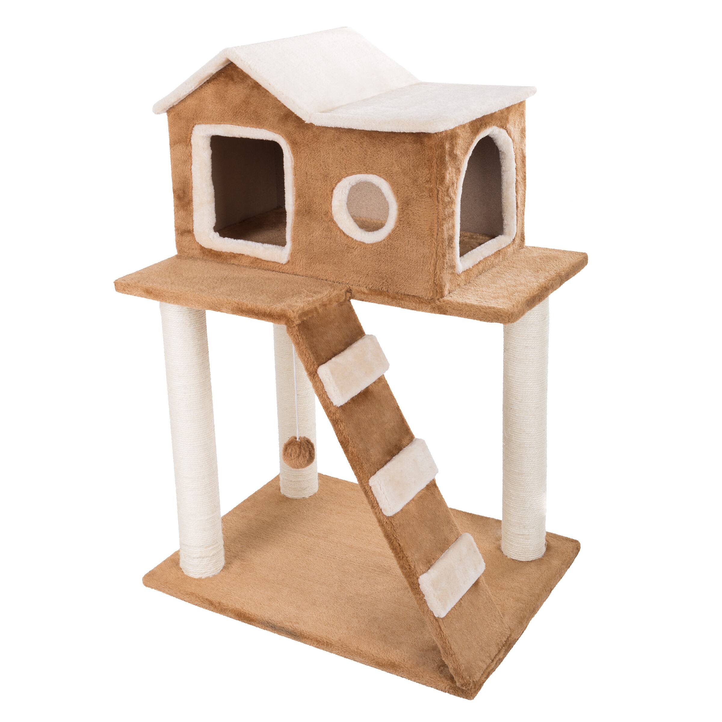 Alt View 2. PetMaker - 3-Tier Cat Tower Napping Perches, Kitty Condo with Ladder, 3 Sisal Rope Scratching Posts, Hanging Toy Cat Tree for Cats - Brown and Tan.