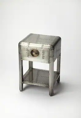 Butler Specialty - Midway 15.5 in. W Square Metal and Wood Aviator Themed 1 Drawer Side Table with Lower Open Shelf - Silver