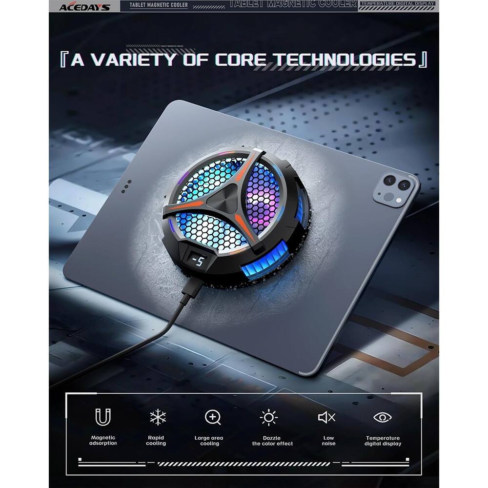 Sure, here is the corrected and grouped text from the image:

---

**ACEDAYS TABLET MAGNETIC COOLER**

**A VARIETY OF CORE TECHNOLOGIES**

- Magnetic adsorption
- Rapid cooling
- Large area cooling
- Dazzle the color effect
- Low noise
- Temperature digital display

**www.wwoc.com**

---

This text highlights the features and technologies of the ACEDAYS Tablet Magnetic Cooler.