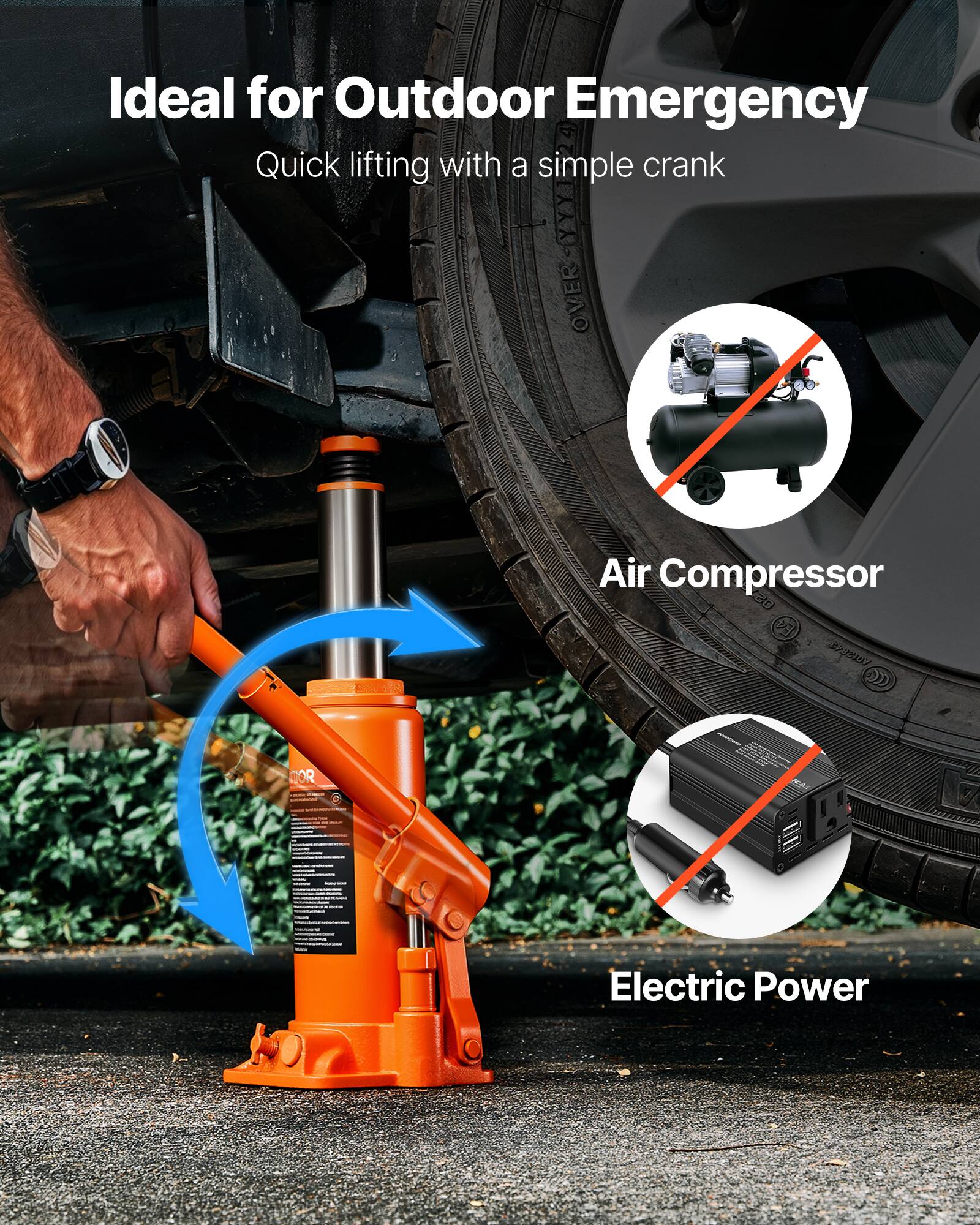 Ideal for Outdoor Emergency  
Quick lifting with a simple crank  

Air Compressor  
Electric Power