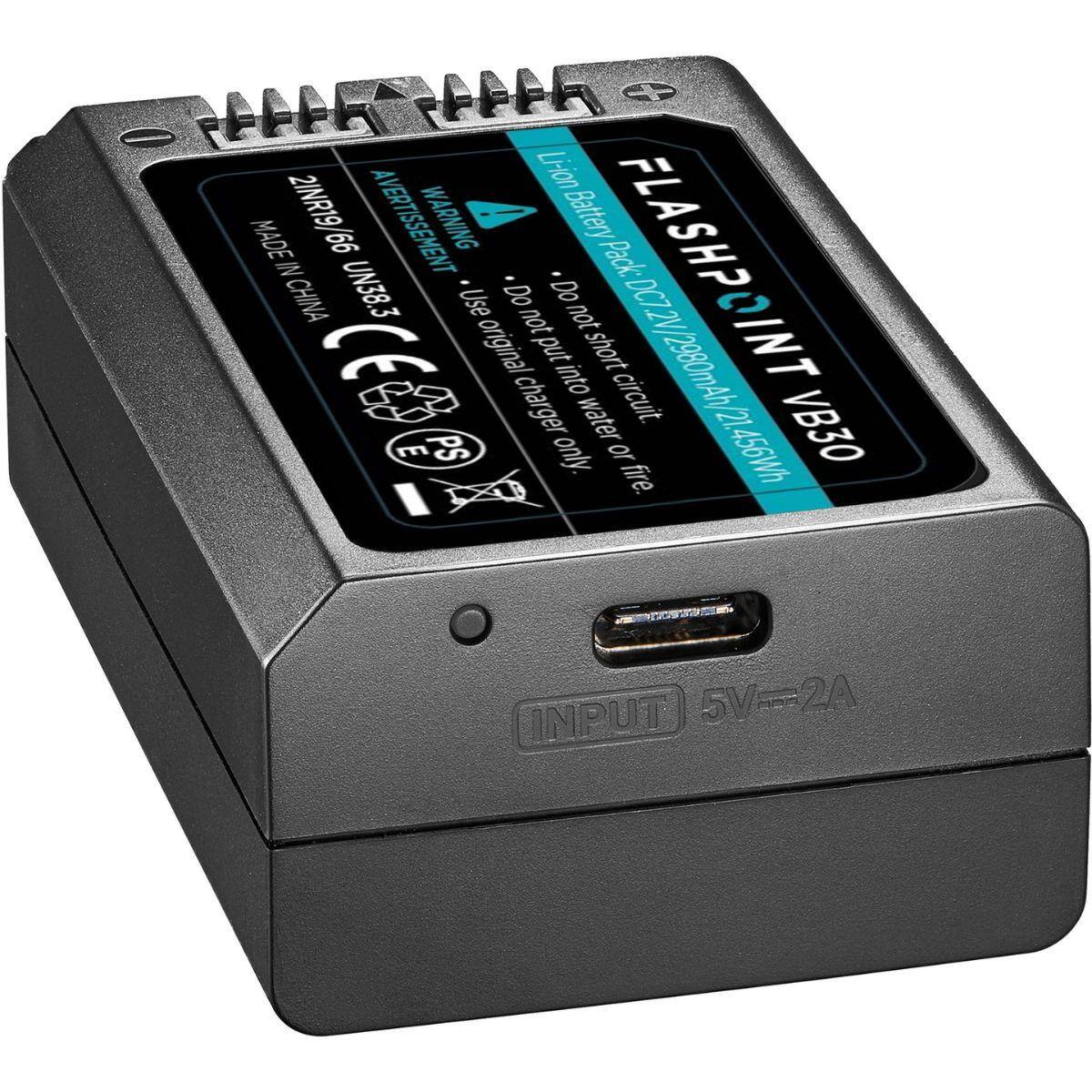 Li-ion 2INR19/66 AVERTISSEMENT WARNING  
Battery FLASH? INT VB30  
MADE IN CHINA UN38.3  
Do not put into water or fire.  
Do not short circuit.  
Use original charger only.  
INPUT 5V=2A