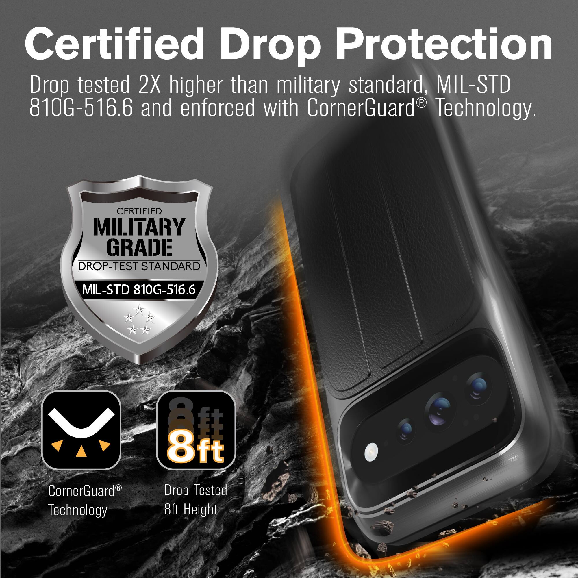 Certified Drop Protection  
Drop tested 2X higher than military standard, MIL-STD 810G-516.6 and enforced with CornerGuard® Technology.  

CERTIFIED MILITARY GRADE DROP-TEST STANDARD  
MIL-STD 810G-516.6  

CornerGuard® Technology  
8ft Drop Tested 8ft Height