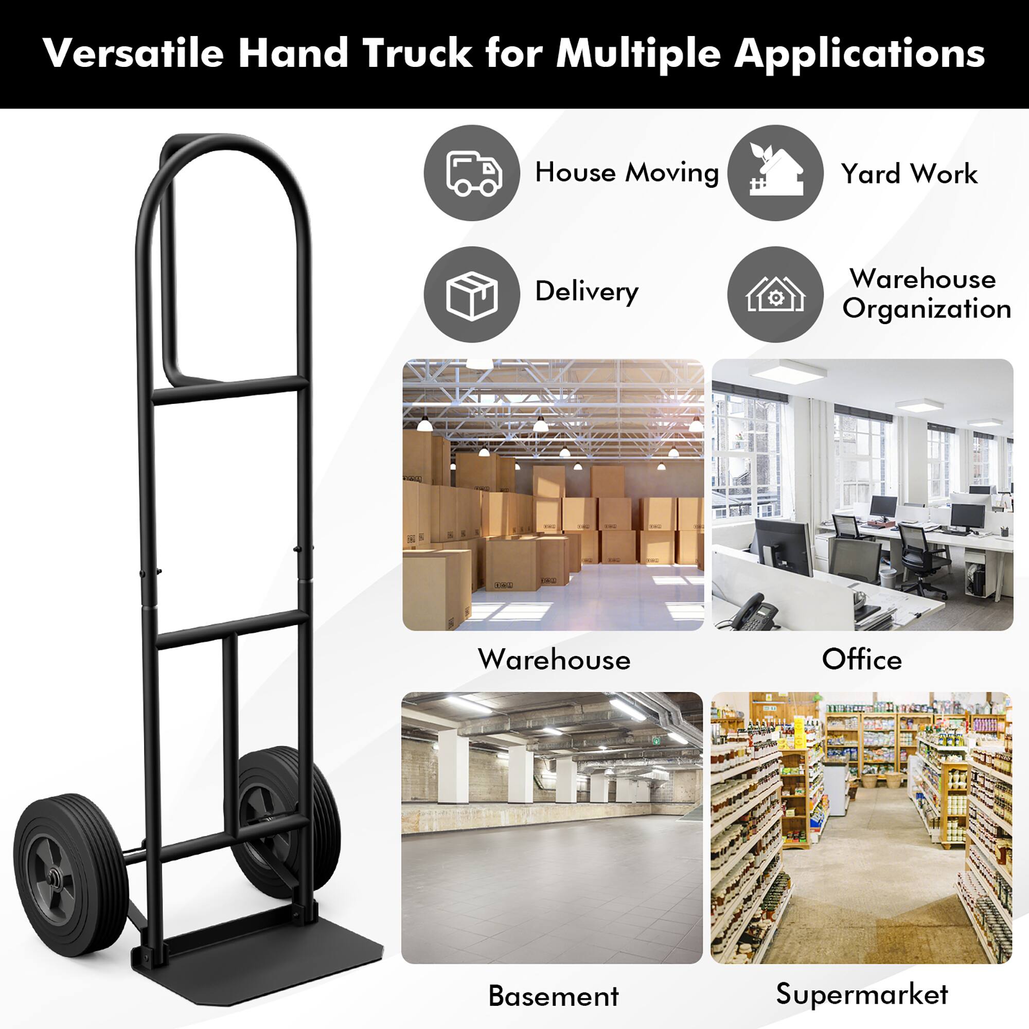 Versatile Hand Truck for Multiple Applications: House Moving, Yard Work, Delivery, Warehouse, Office, Basement, Supermarket.