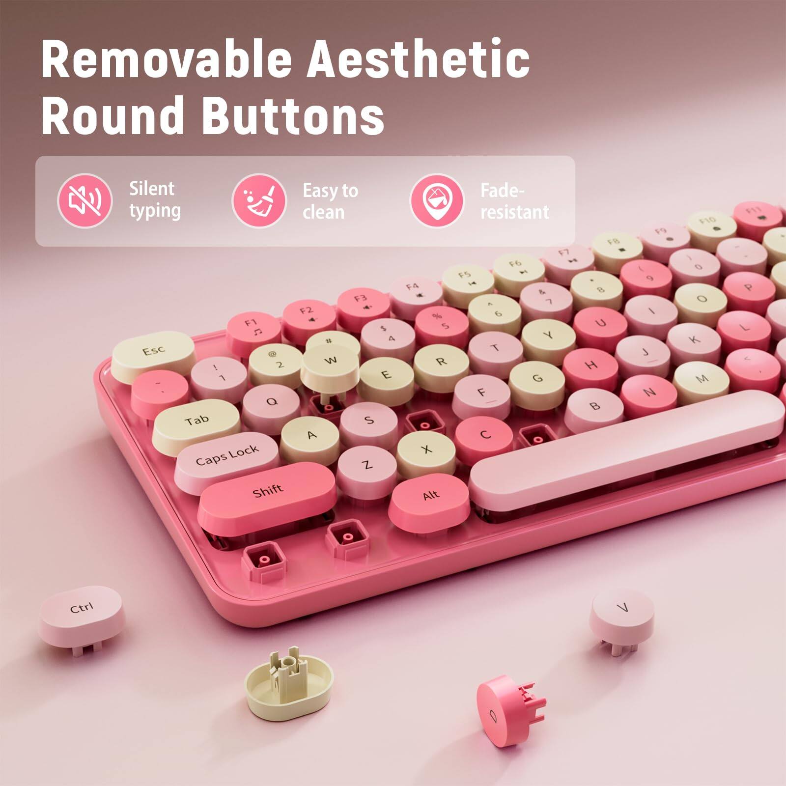Removable Aesthetic Round Buttons

- Silent typing
- Easy to clean
- Fade-resistant

F1 F2 F3 F4 F5 F6 F7 F8 F9 F10 F11 F12

Esc 1 2 3 4 5 6 7 8 9 0 - = Backspace

Tab Q W E R T Y U I O P [ ] \

Caps Lock A S D F G H J K L ; ' Enter

Shift Z X C V B N M , . / Shift

Ctrl Alt Spacebar Ctrl

Additional keys: V, Ctrl, Alt, and some detached buttons.
