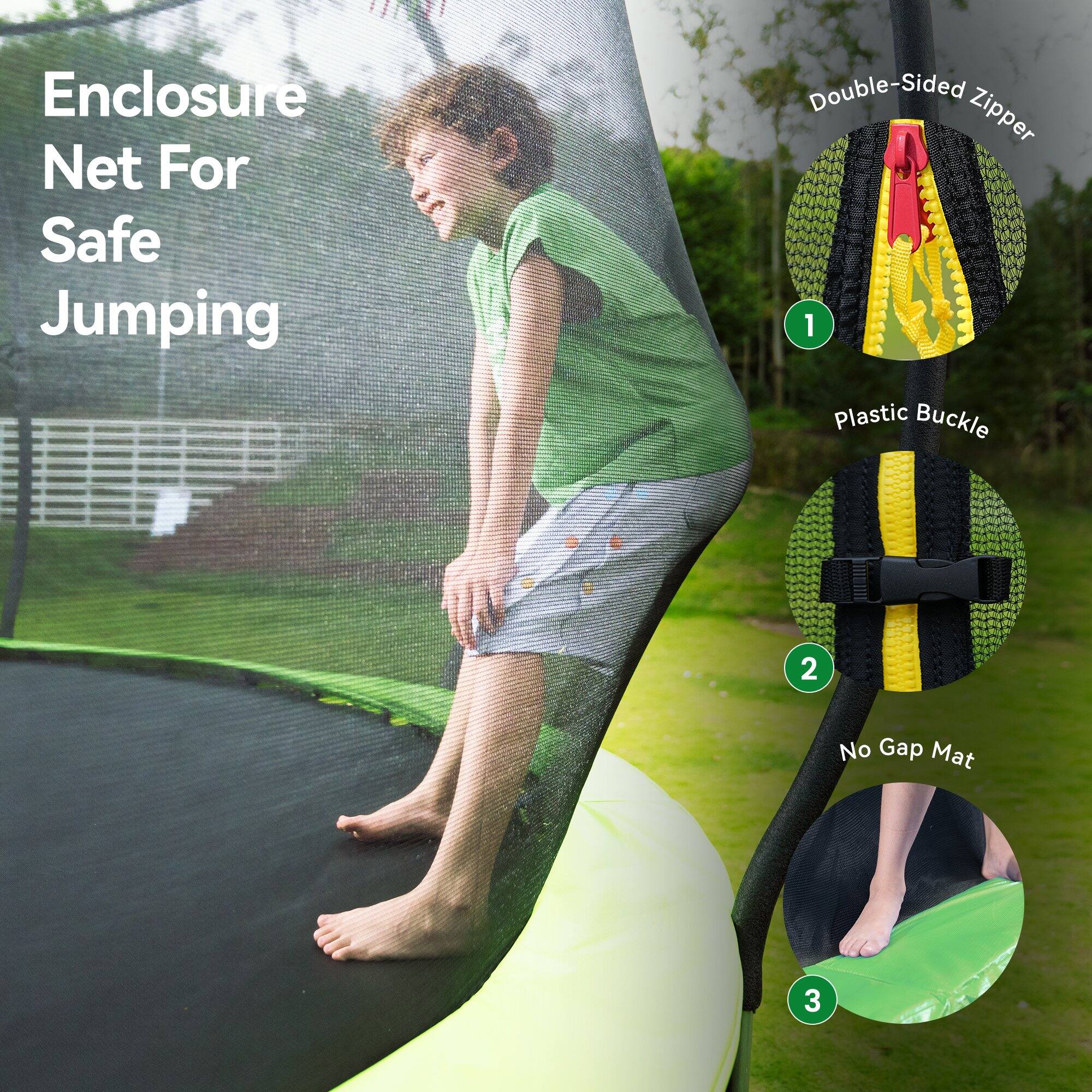 Enclosure Net For Safe Jumping

1. Double-Sided Zipper
2. Plastic Buckle
3. No Gap Mat