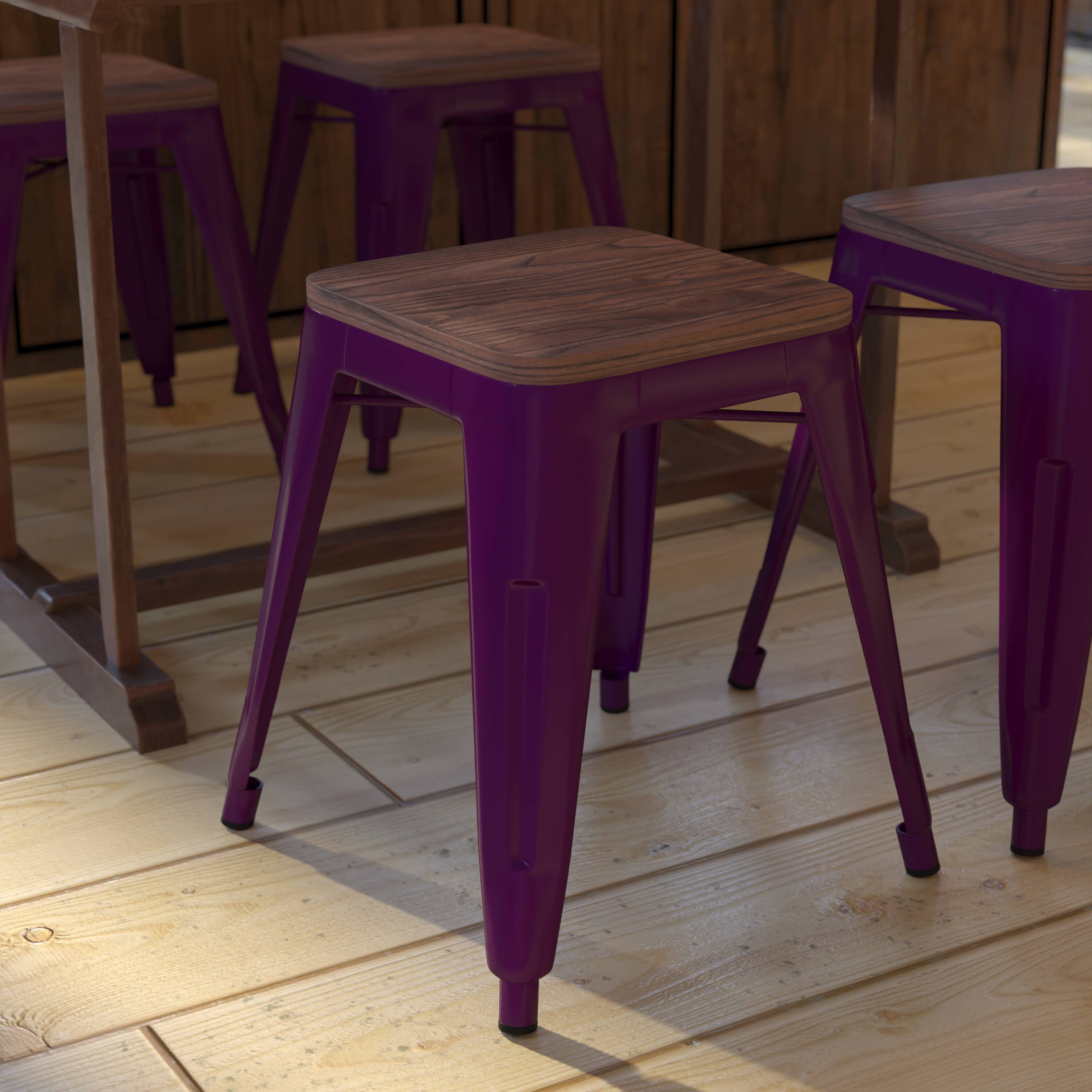 Alt View 2. Flash Furniture - Kai 18" Backless Table Height Stool with Wooden Seat, Stackable Purple Metal Indoor Dining Stool, Commercial Grade - Set - Purple.