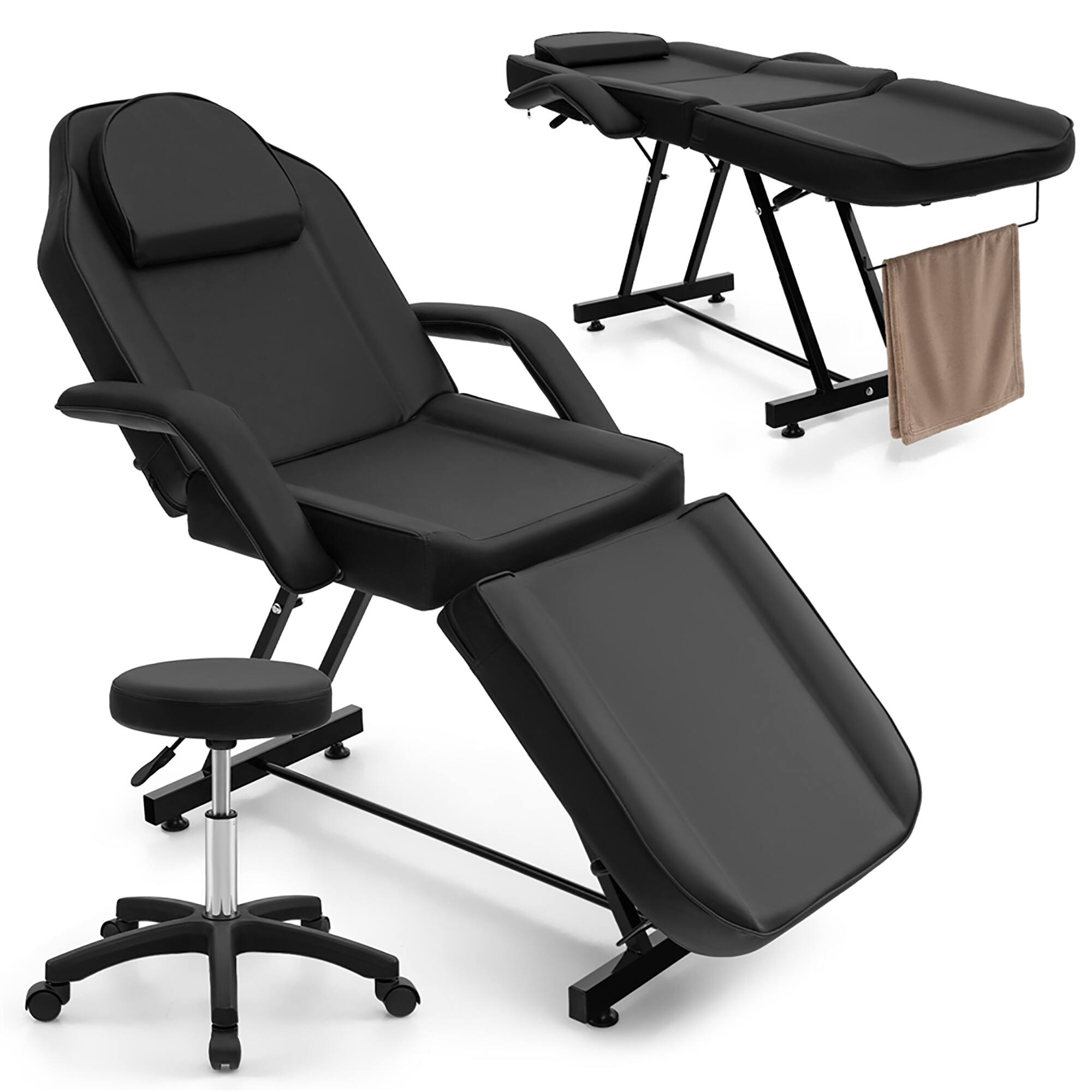 Front. Gymax - Gymax 73'' Facial Chair with Hydraulic Stool w/Detachable Armrests & Towel Rack Black - Black.