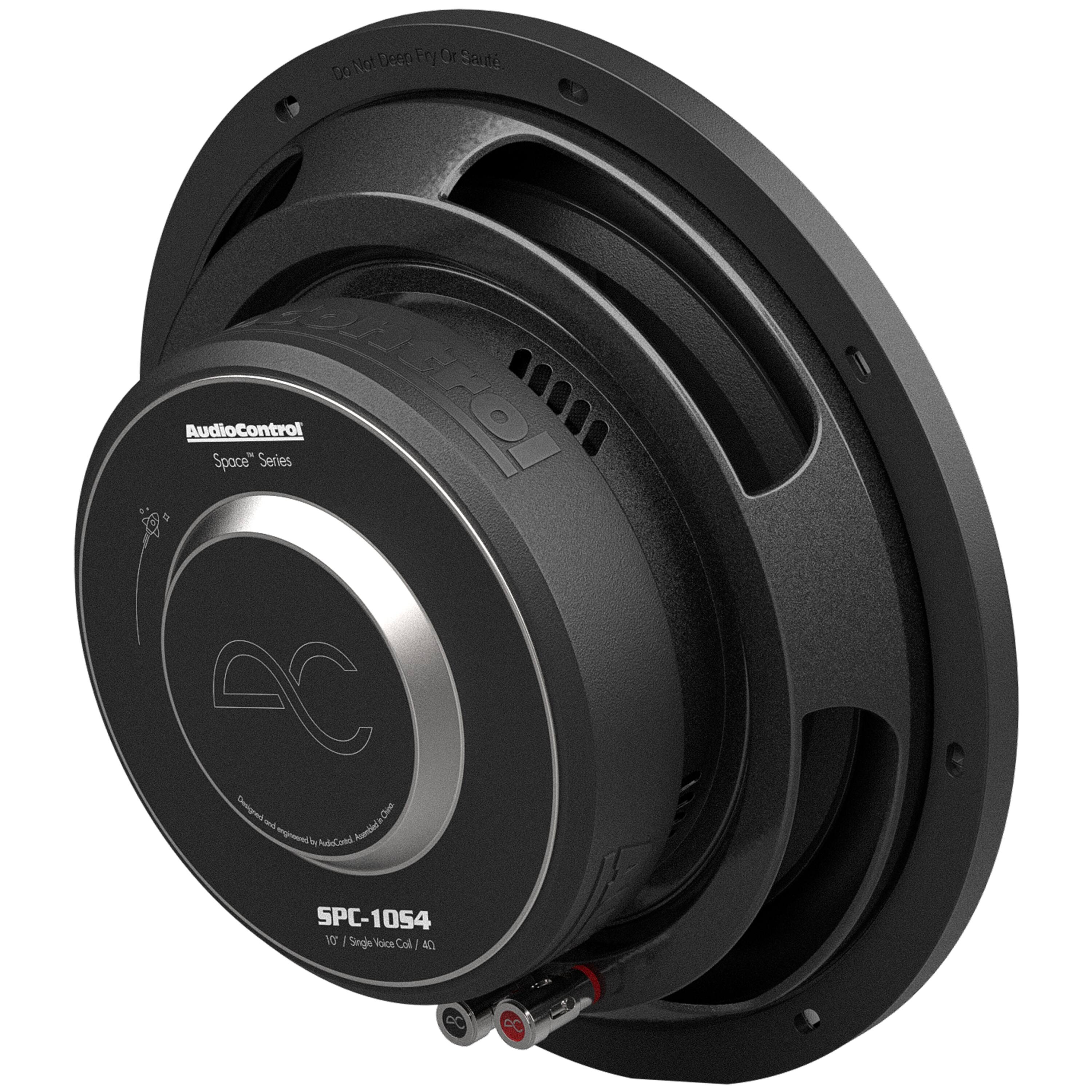 The text on the image reads: "AudioControl Space Series SPC-1054 10" subwoofer."