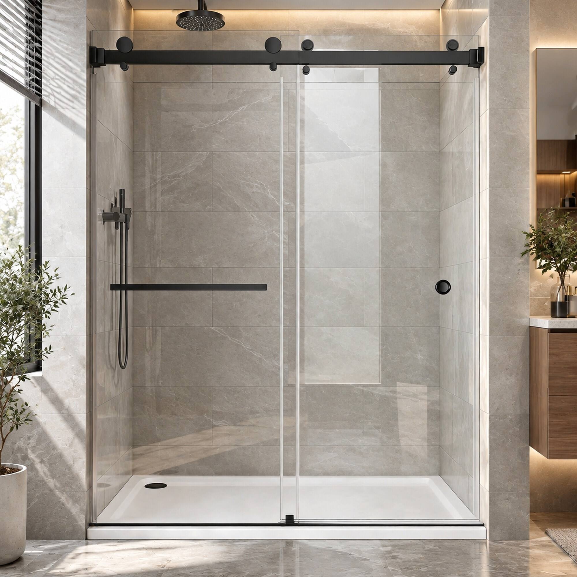 Alt View 3. RYHNUYNE - 55-59 In W X 72 In H Frameless Double Sliding Shower Door, 5/16 In Clear Tempered Glass Matte Black Finish - Matte Black.