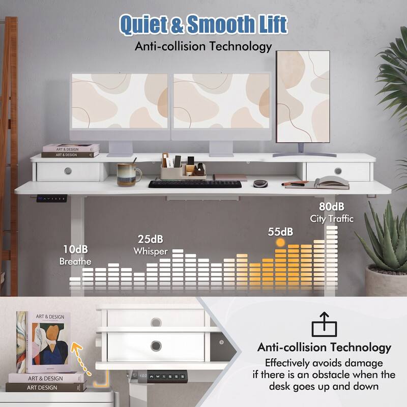 Quiet & Smooth Lift  
Anti-collision Technology  

AKT 4 DESIGN  
10dB Breathe  
25dB Whisper  
55dB  
80dB City Traffic  

ART & DESIGN  
ART & DESIGN  
ART DESIGN  

Anti-collision Technology  
Effectively avoids damage if there is an obstacle when the desk goes up and down