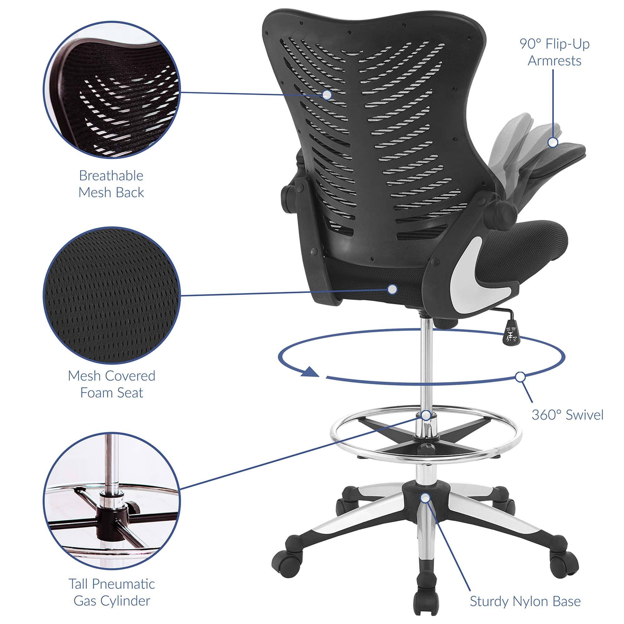 - 90° Flip-Up Armrests
- Breathable Mesh Back
- Mesh Covered Foam Seat
- 360° Swivel
- Tall Pneumatic Gas Cylinder
- Sturdy Nylon Base
