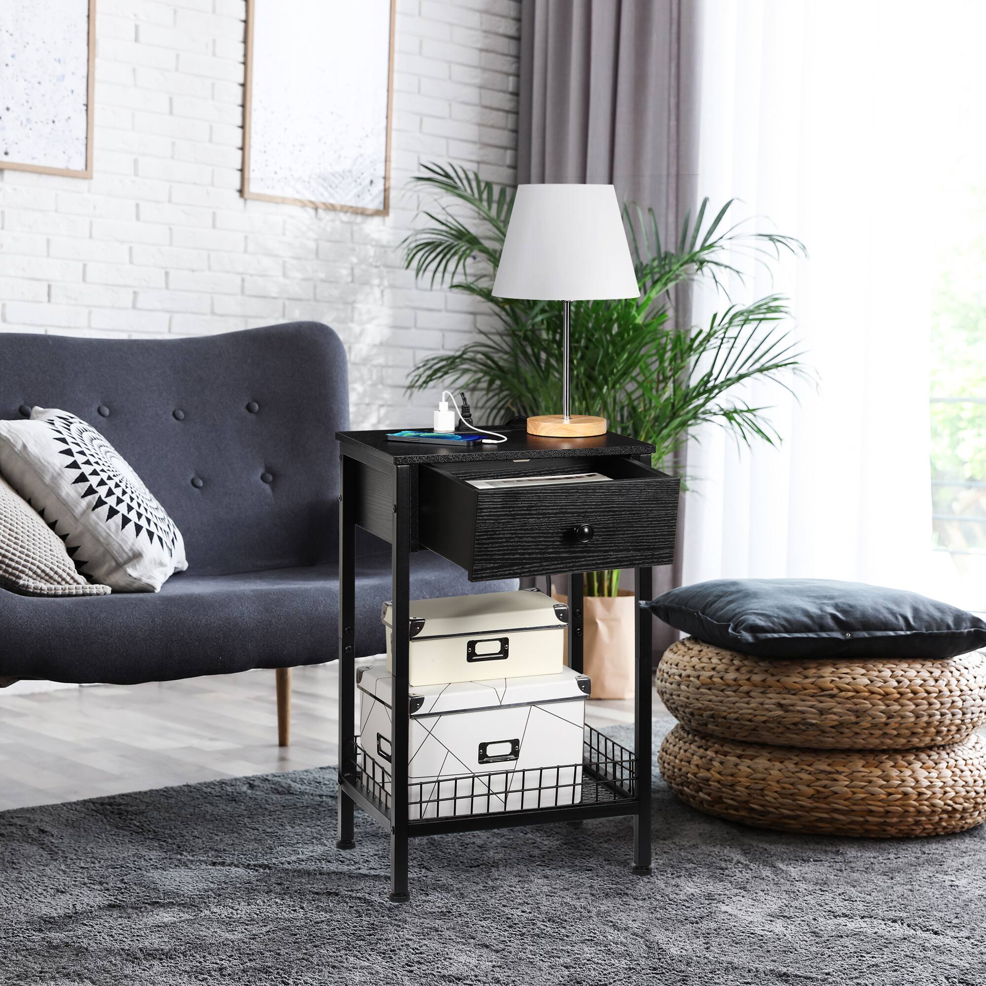 Back. Oumilen - Black End Table with Drawer, Built-In Power Outlets & Wire Basket - Black.