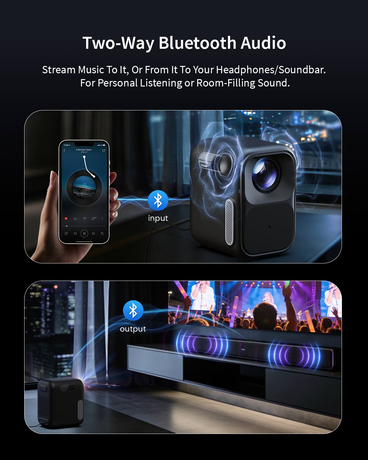 Two-Way Bluetooth Audio  
Stream Music To It, Or From It To Your Headphones/Soundbar.  
For Personal Listening or Room-Filling Sound.  

I - . - - I  
input d 1 output