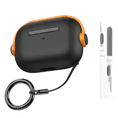 Front. Dteck - For Apple Airpods 4th Gen Secure Lock Shockproof Protective Case+Lanyard Keychain and Clean Pen - OrangeBlack.
