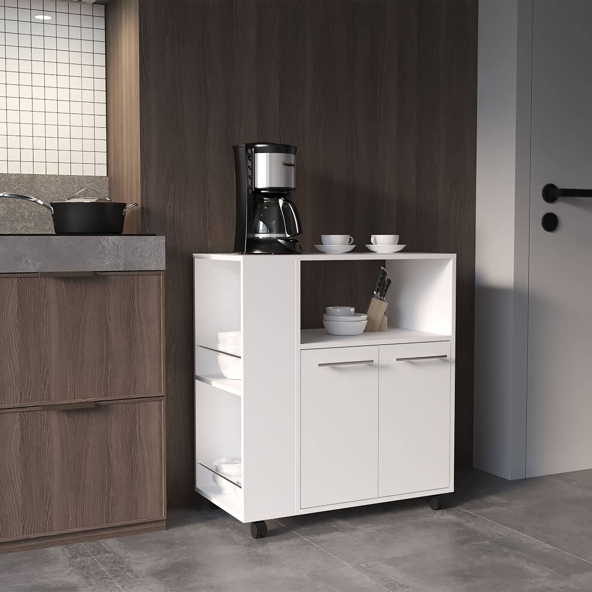 Loheer - Kitchen Base Cabinet Microwave Stand with Storage and Side Shelves - White