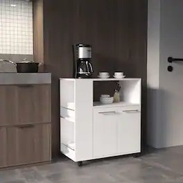 Loheer - Kitchen Base Cabinet Microwave Stand with Storage and Side Shelves - White