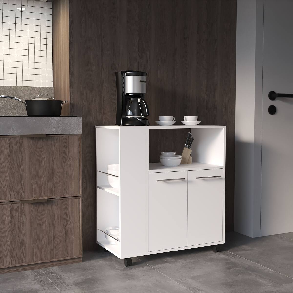 Front. Loheer - Loheer White Kitchen Base Cabinet Microwave Stand with Storage and Side Shelves - White.