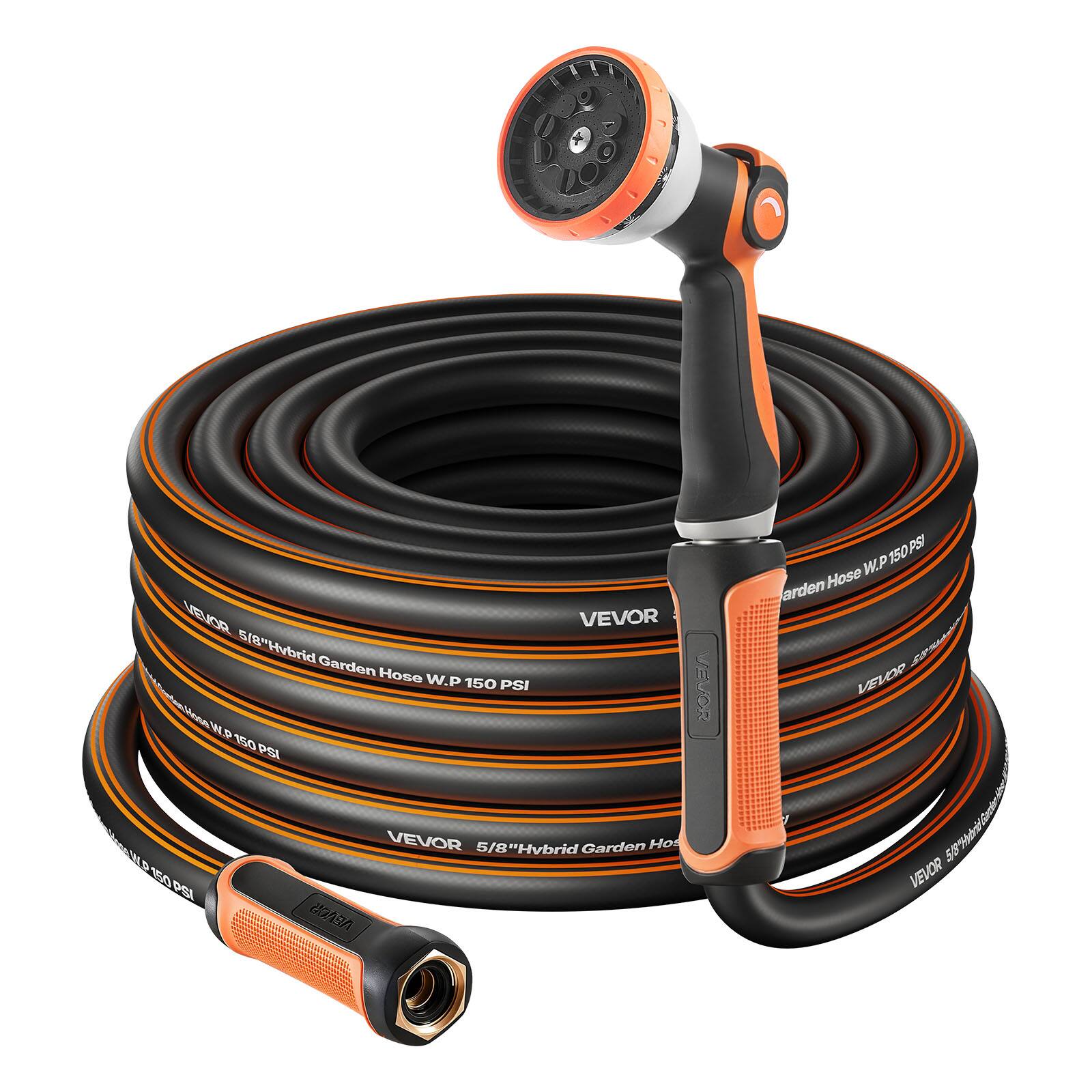 VEVOR - Garden Hose, 150 ft 5/8" Heavy Duty Rubber Water Hose with 10 Mode Nozzle, 150PSI Working & 600PSI Burst - Orange + Black