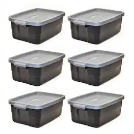 RubberMaid - Roughneck Tote 10 Gallon Storage Container, Black/Cool Gray (6 Pack) - Black and Grey