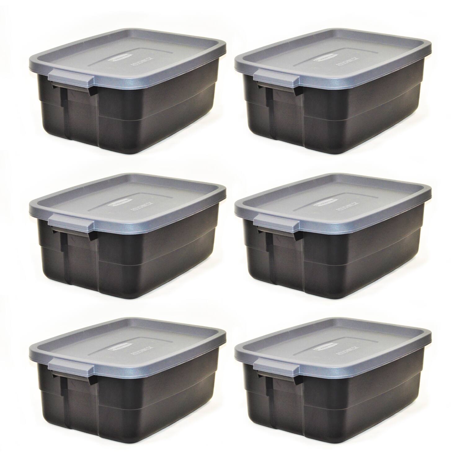 Front. RubberMaid - Rubbermaid Roughneck Tote 10 Gallon Storage Container, Black/Cool Gray (6 Pack) - Black and Grey.