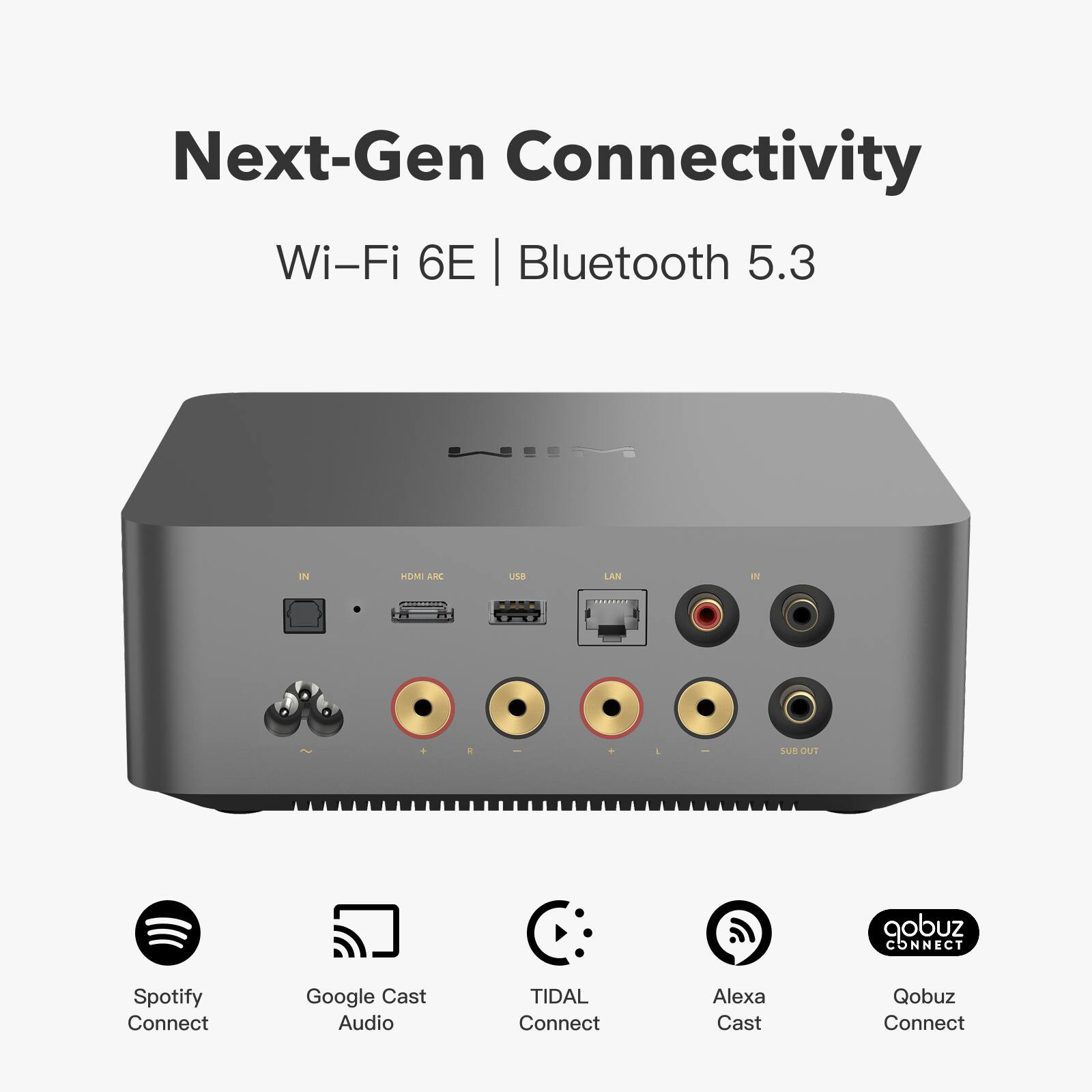 Next-Gen Connectivity  
Wi-Fi 6E | Bluetooth 5.3  

HDMI ARC  
USB  
LAN  

Spotify Connect  
Google Cast Audio  
TIDAL Connect  
Alexa Cast  
Qobuz Connect