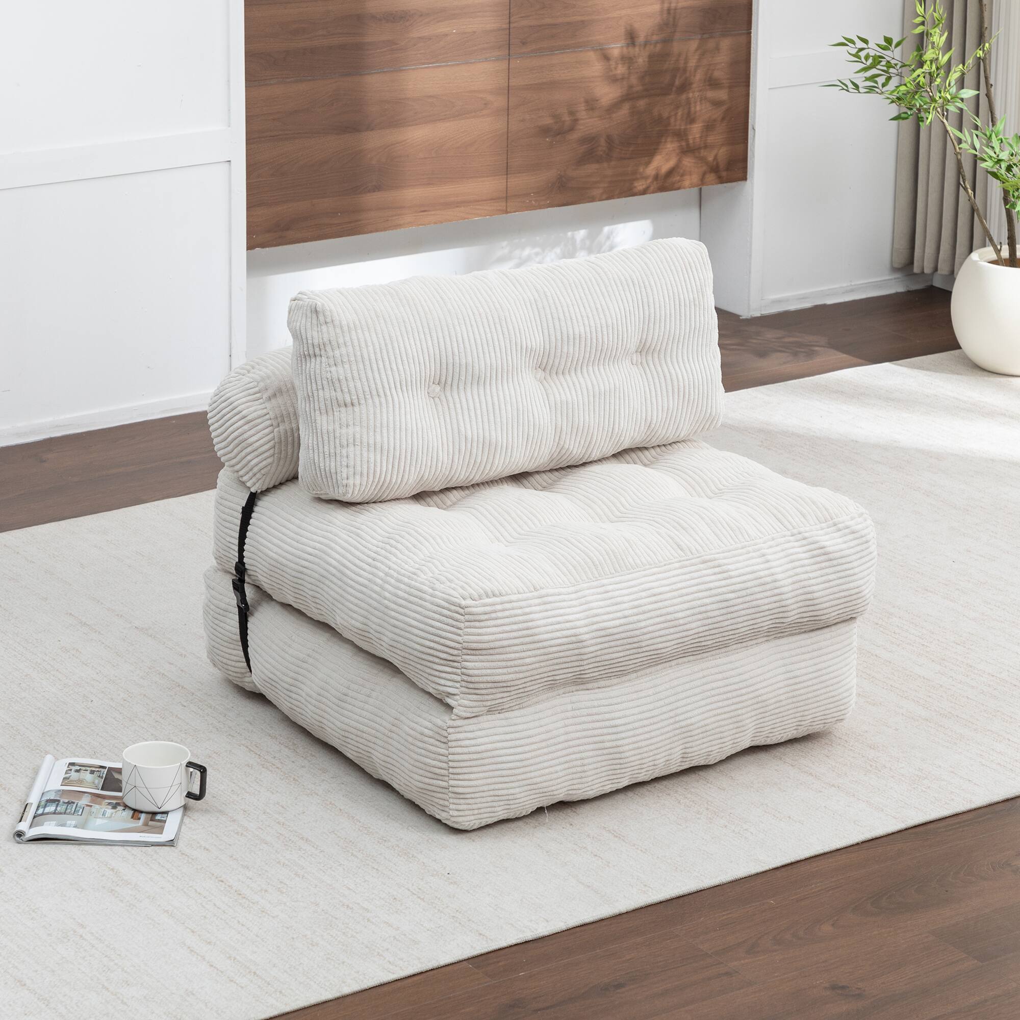 Angle. LOVMOR - 68 Inch Corduroy Bean Bag Chairs For Living Room Bedroom Reading Textured Ribbed Indoor Lounge Seating Comfort - Beige.