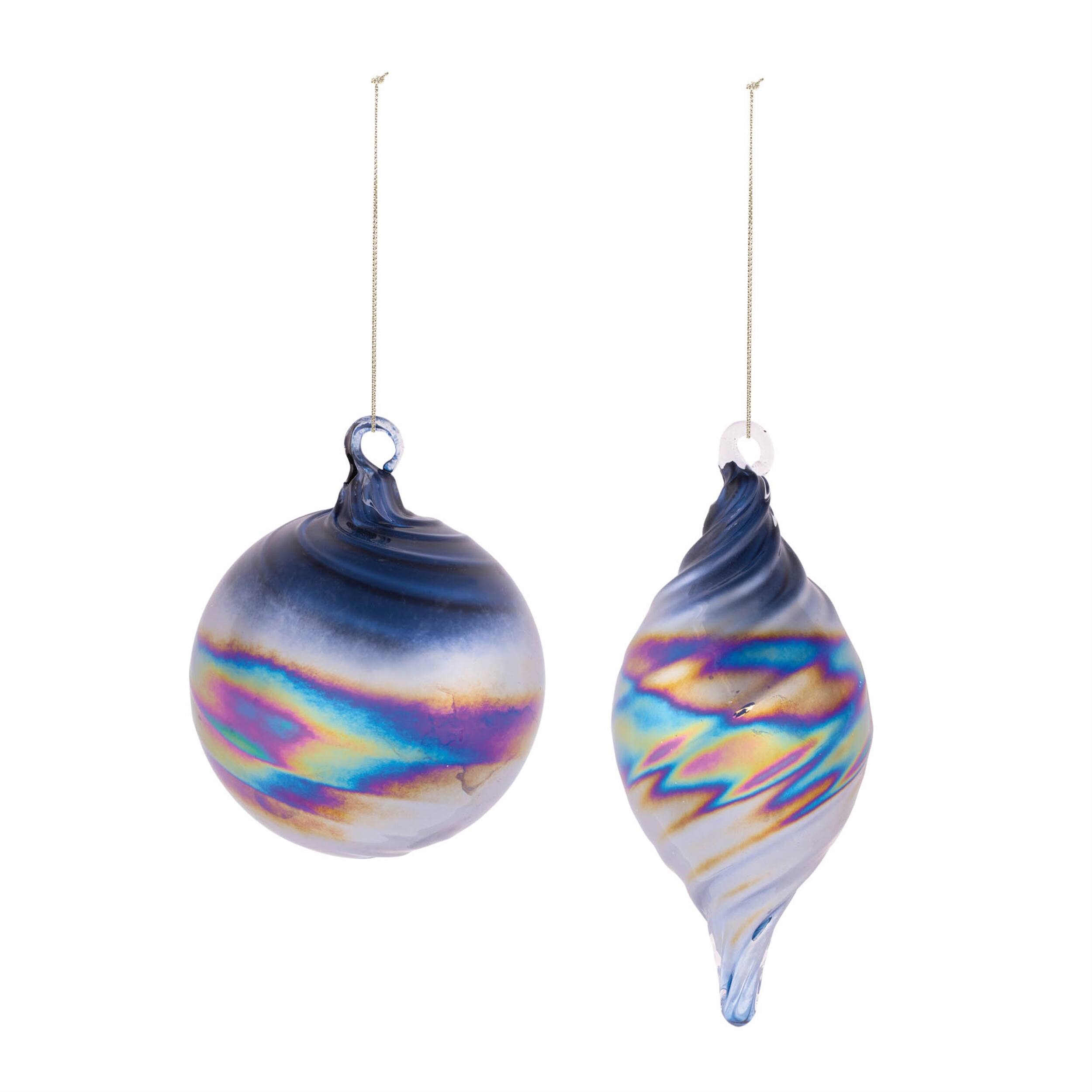 Angle. BreeBe - Iridescent Swirled Glass Ornament (Set of 12) - Blue, Purple.