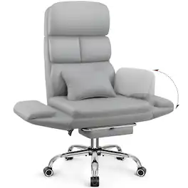 KERDOM - Big Tall Office Chair with Reversible Arm, PU Leather Executive Manager Boss Chair with Lifting Headrest & Lumbar Pillow - Light Gray