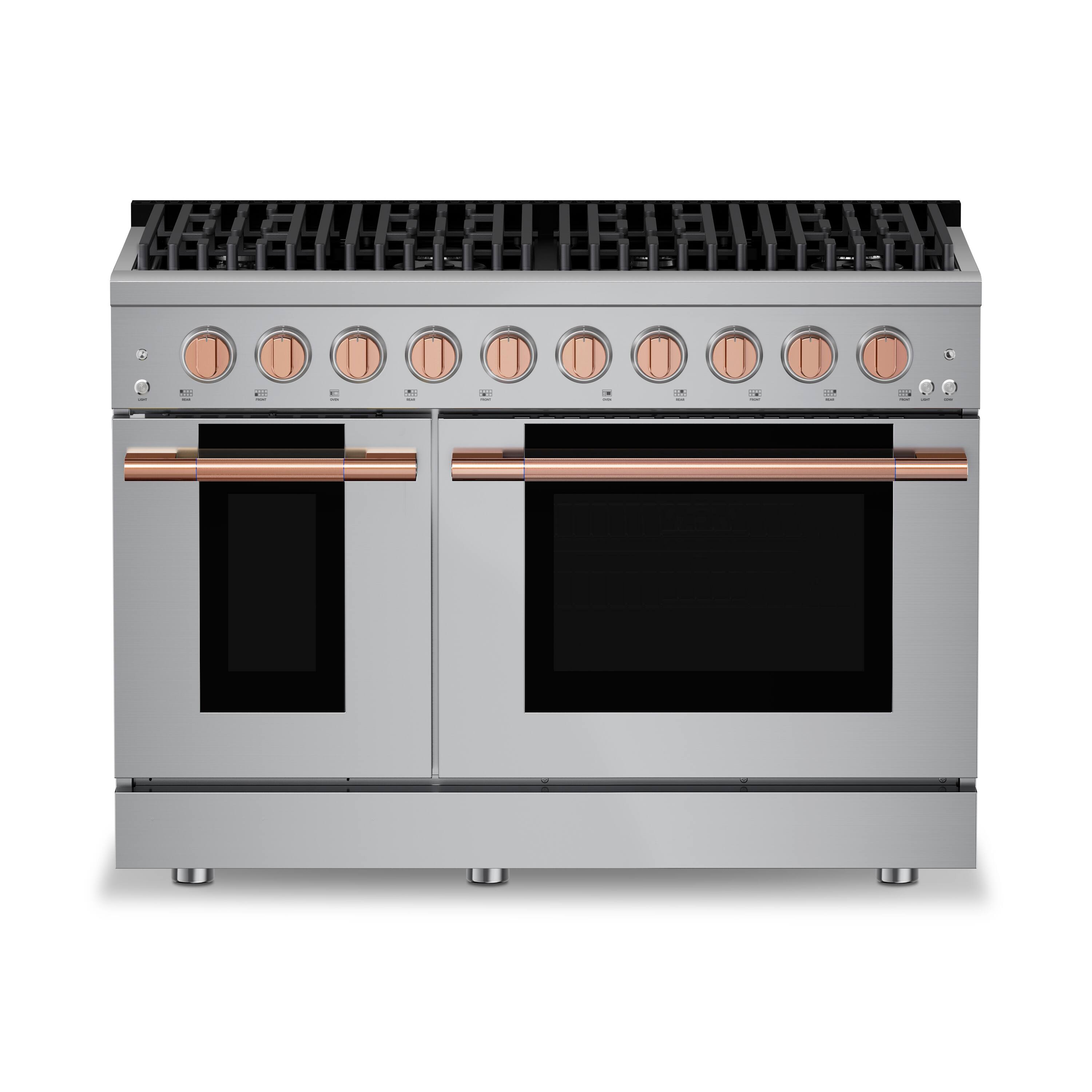 Front. Hauslane - HausPro 48 in. 8 Burners Gas Range in Rose Gold with 20,000 BTU and Double Oven with 5 Rack Positions - Rose Gold.