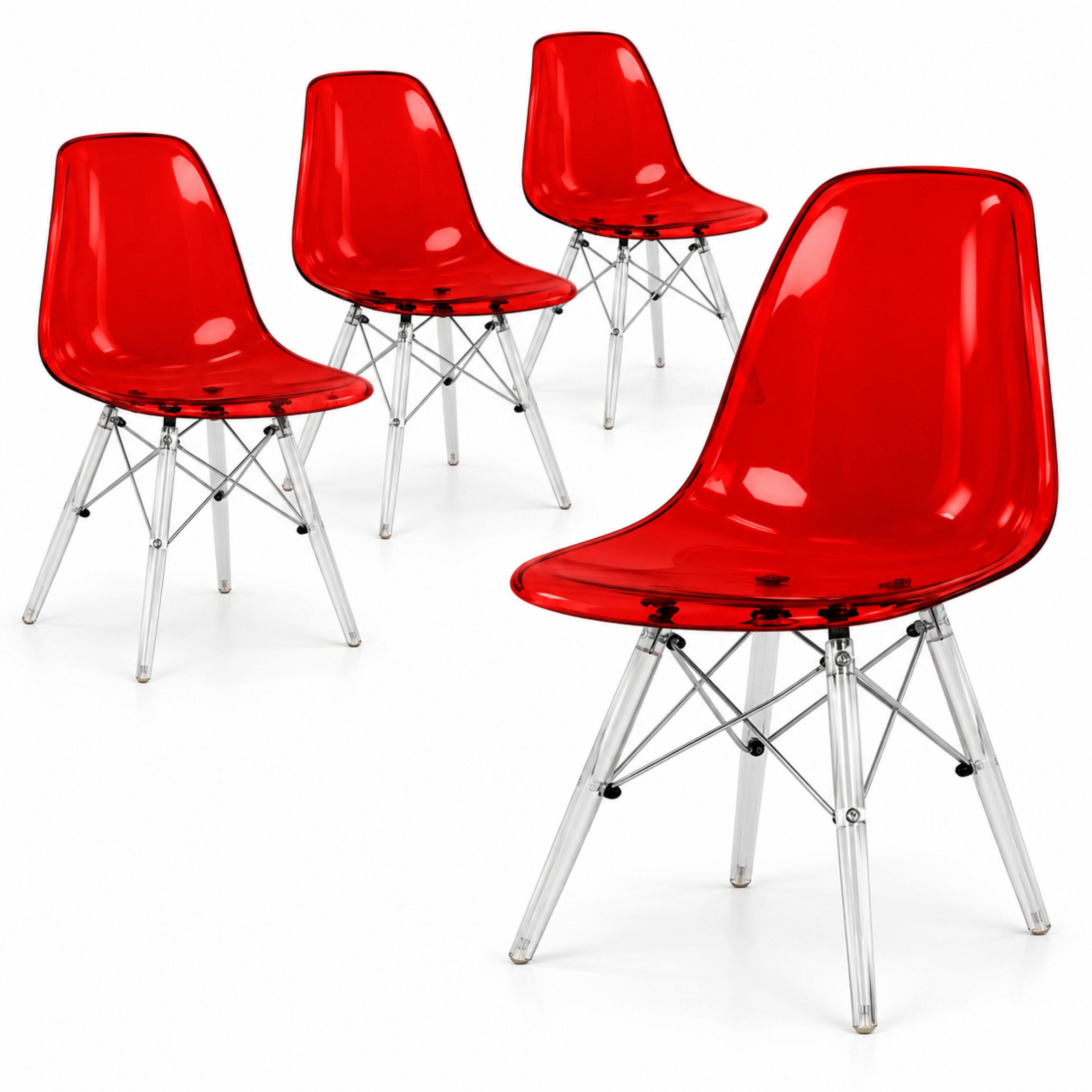 Front. LeisureMod - Cresco 4-Pieces Modern Plastic Dining Chair with Chrome Support Base and Acrylic Legs - Transparent Red.