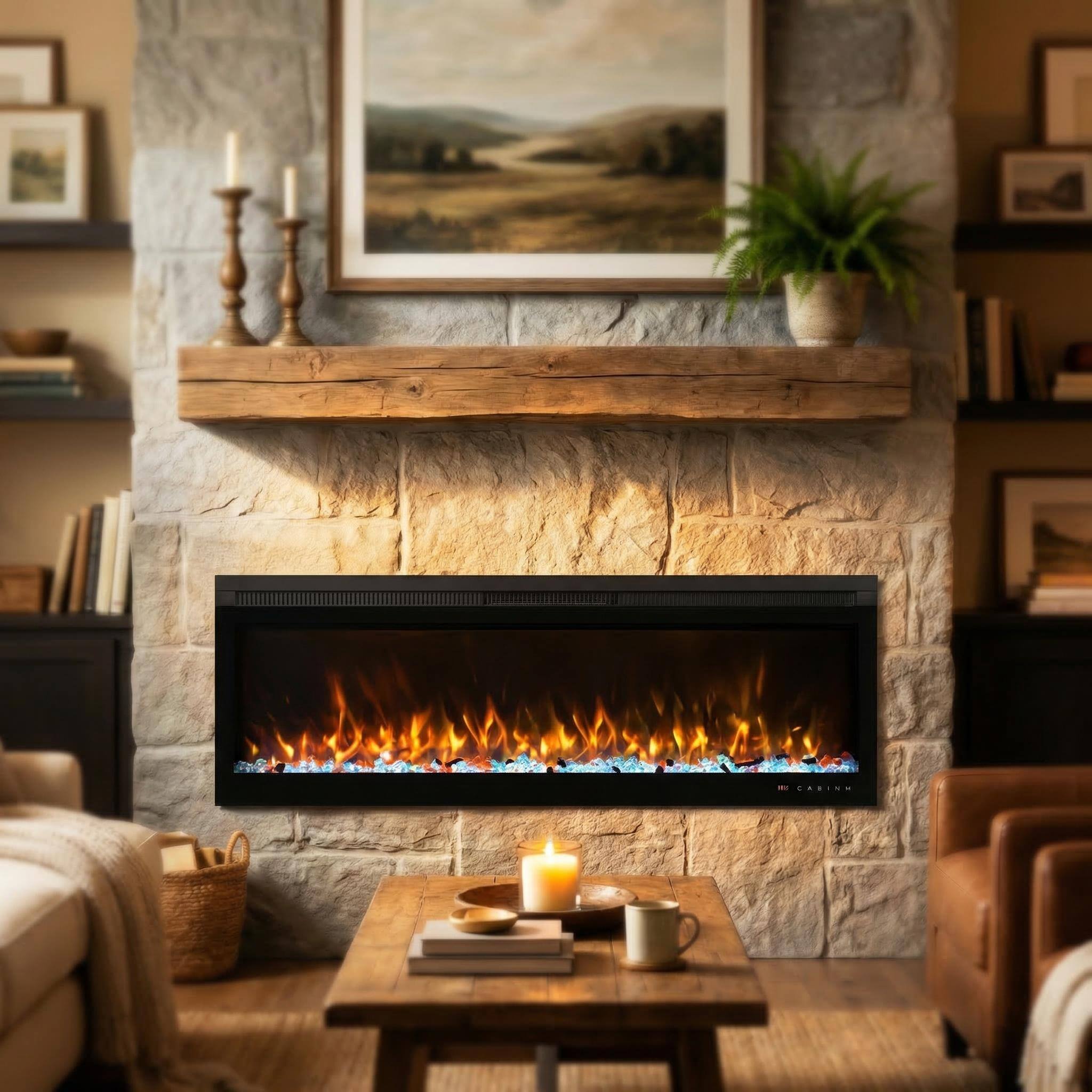 Left. Mondawe - 60" Linear Recessed-in Electric Fireplace with Remote Control, Adjustable Heat & Timer - Black.