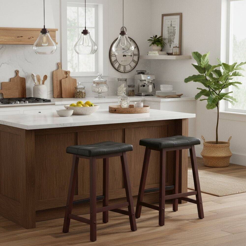 Alt View 4. FurniFact - Black Faux Leather Saddle Seat Bar Stool, 24 Inch Counter Height Kitchen Stool - Walnut / Black.