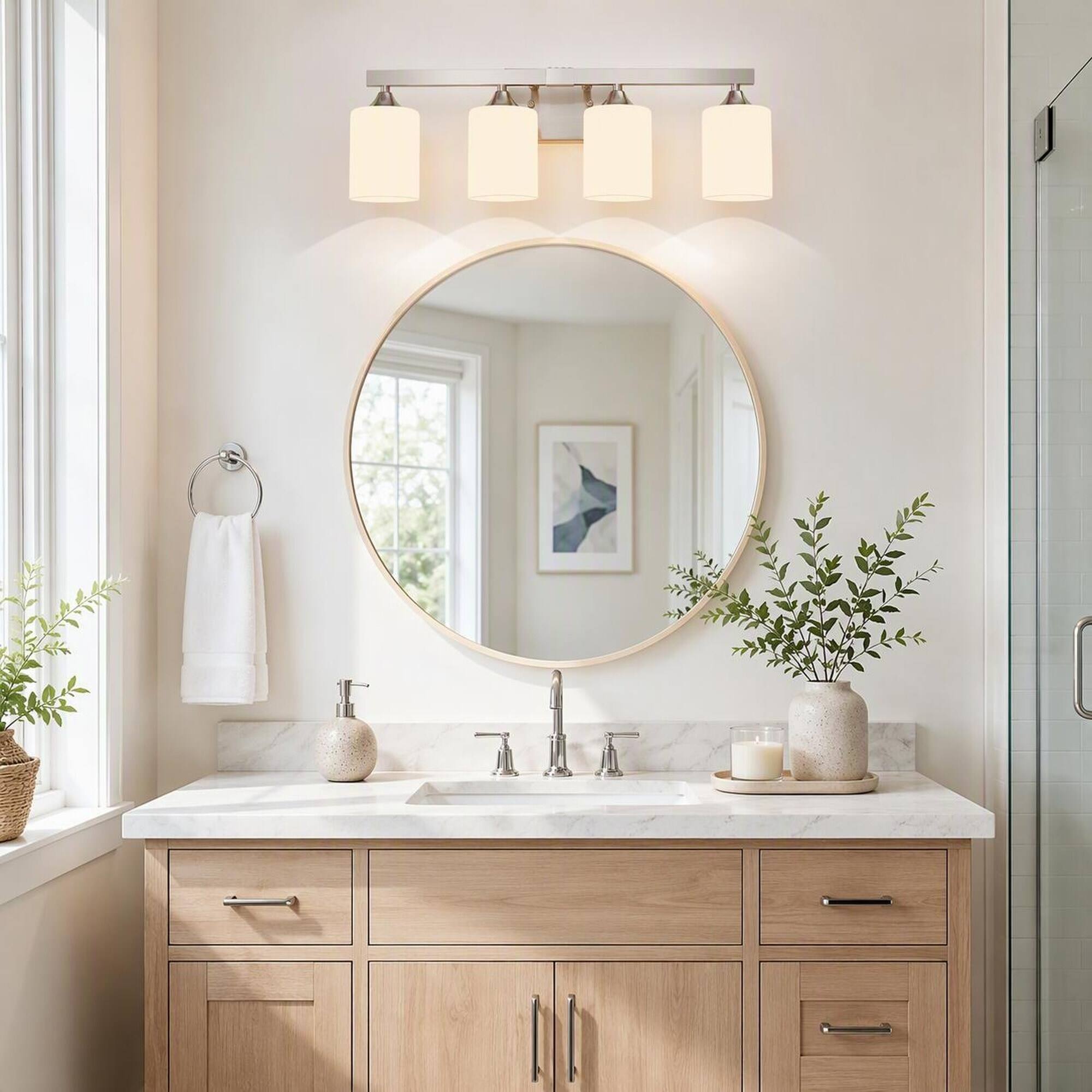 Angle. RYHNUYNE - 4-Light Brushed Nickel Vanity Light Bar with Frosted Glass Shades, Moisture-Resistant Metal Fixture for Bathroom Mirror.
