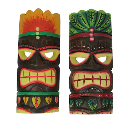Front. J.D. Yeatts - 12 Inch Hand Carved Natural Wood Tiki Wall Hanging Mask Orange & Green Headdress Art Set of 2 Tropical Décor - Multicolored.