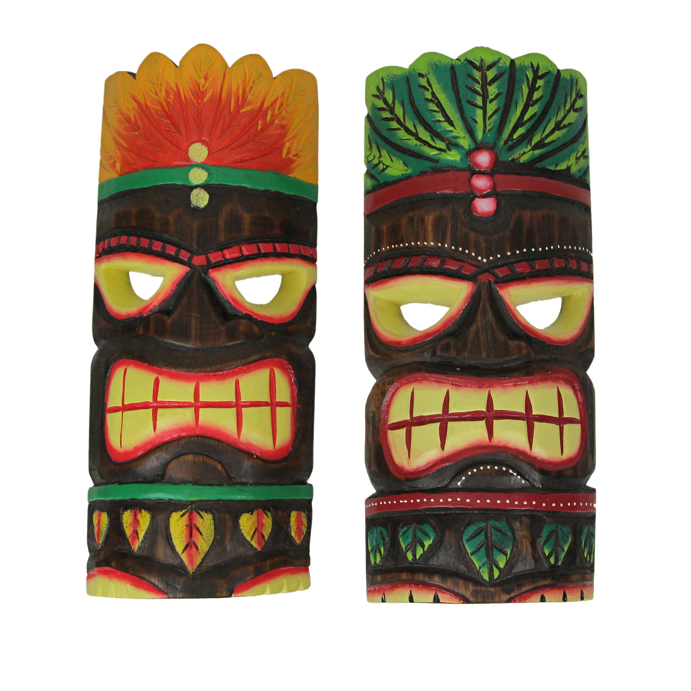 Front. J.D. Yeatts - 12 Inch Hand Carved Natural Wood Tiki Wall Hanging Mask Orange & Green Headdress Art Set of 2 Tropical Décor - Multicolored.