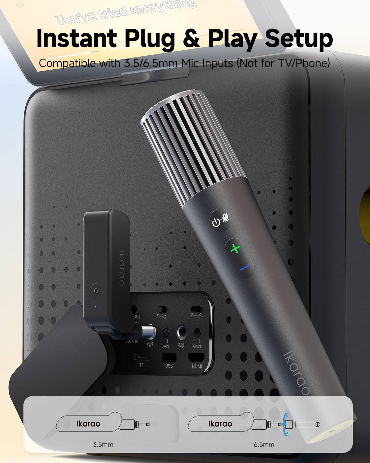 You've tried everything  
Instant Plug & Play Setup  
Compatible with 3.5/6.5mm Mic Inputs (Not for TV/Phone)  

Ikarao  
Ikarao TUC 1-6 AUXIN ++ 116 GAIN TF USB ER  
PIG  
S 1-6 -+ GAIN HDMI  
Ikarao  
3.5mm  
6.5mm