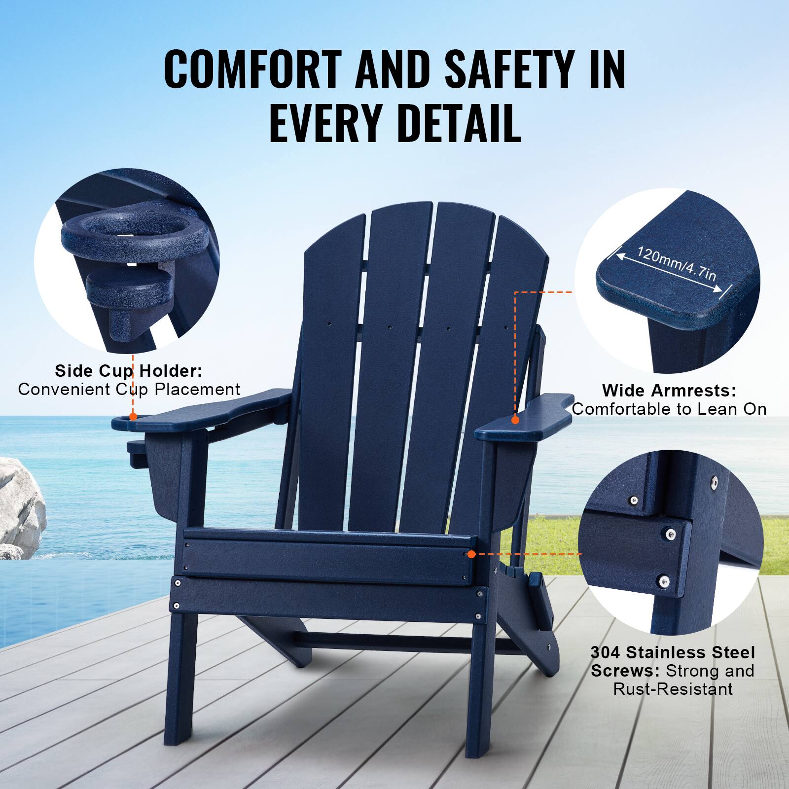 COMFORT AND SAFETY IN EVERY DETAIL

- Side Cup Holder: Convenient Cup Placement
- Wide Armrests: Comfortable to Lean On
- 304 Stainless Steel Screws: Strong and Rust-Resistant