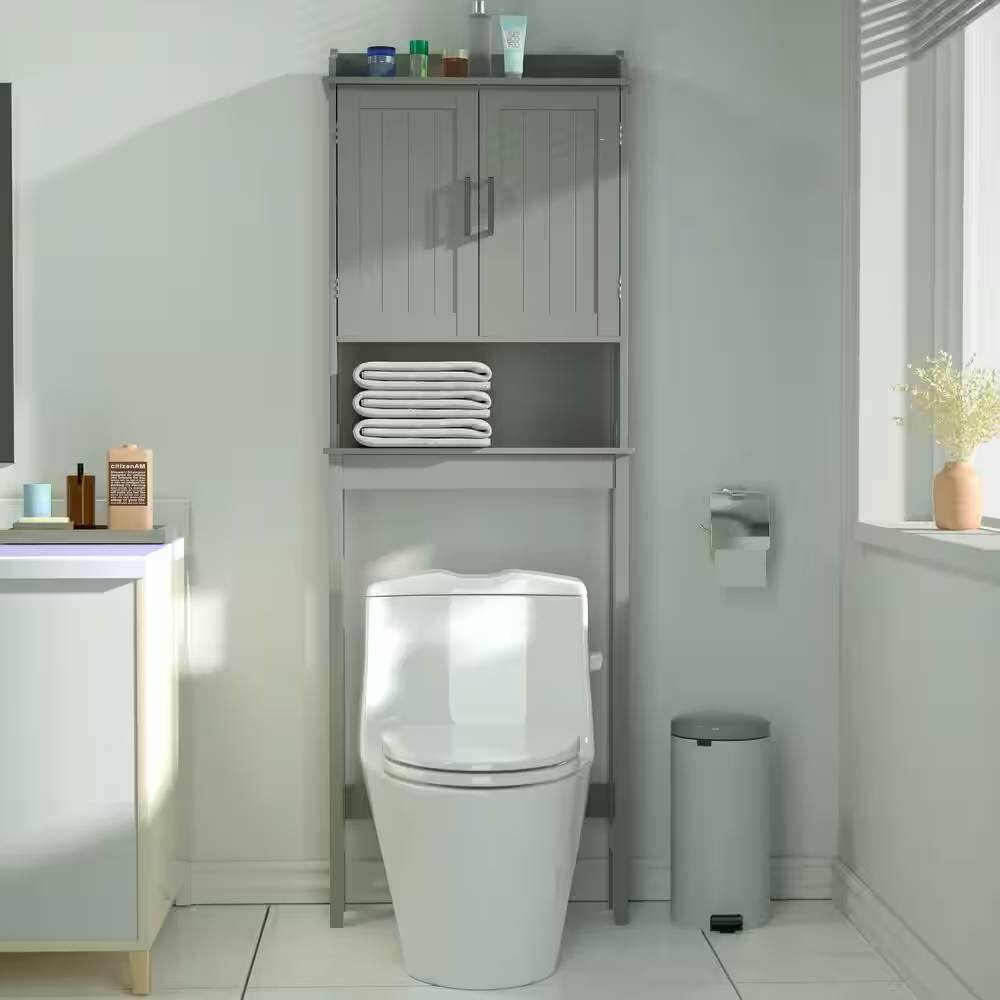 Angle. Hivvago - Over the Toilet Bathroom Storage Cabinet Shelving Unit in Grey Wood Finish - Grey.
