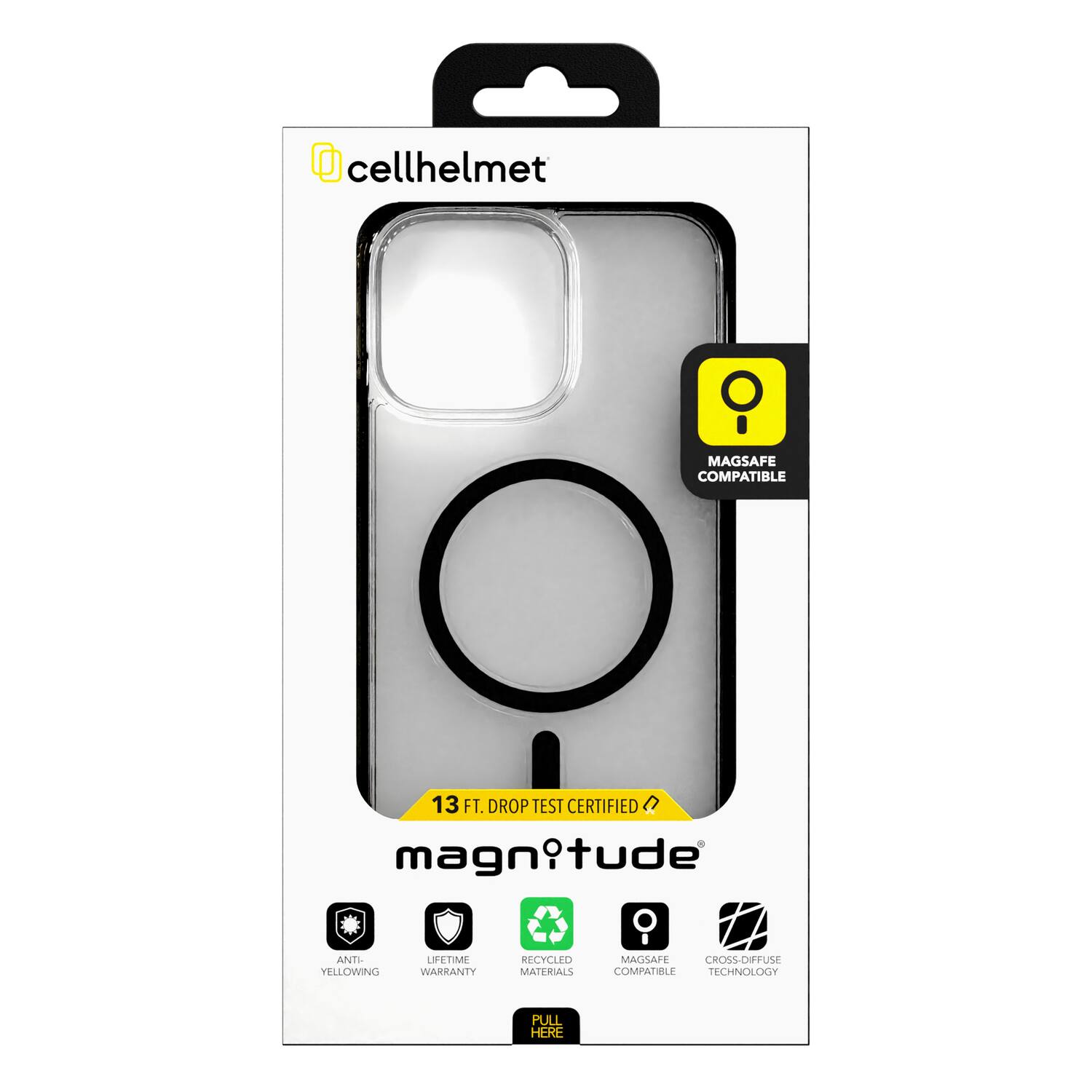cellhelmet MAGSAFE COMPATIBLE  
13 FT. DROP TEST CERTIFIED  
magnitude ANTI-YELLOWING LIFETIME WARRANTY RECYCLED MATERIALS MAGSAFE CROSS-DIFFUSE COMPATIBLE TECHNOLOGY  
PULL HERE