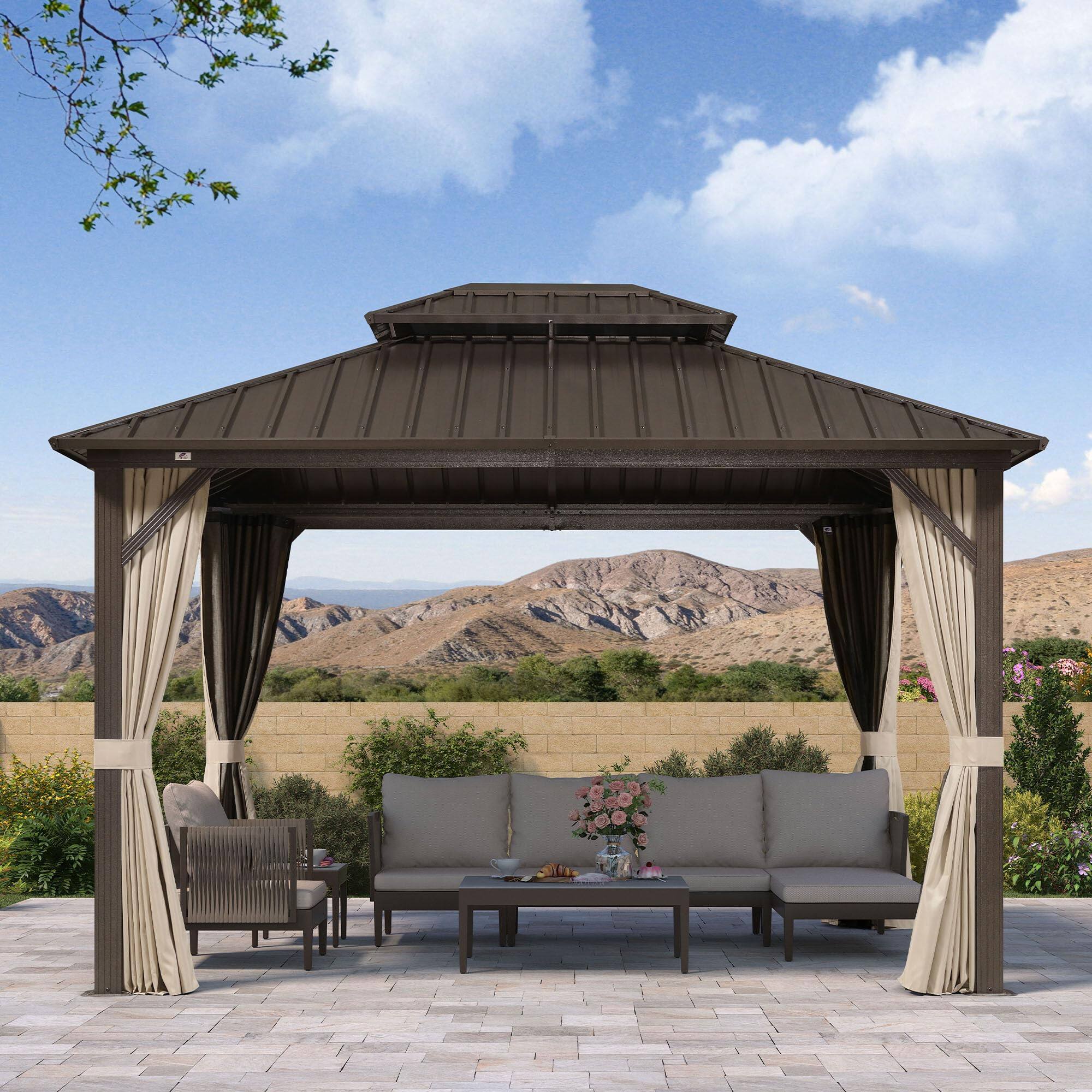 Alt View 1. PURPLE LEAF - 10 X 12 FT Outdoor Hardtop Gazebo Metal Frame Galvanized Steel Double Roof with Curtains and Nettings - 10' X 12'.